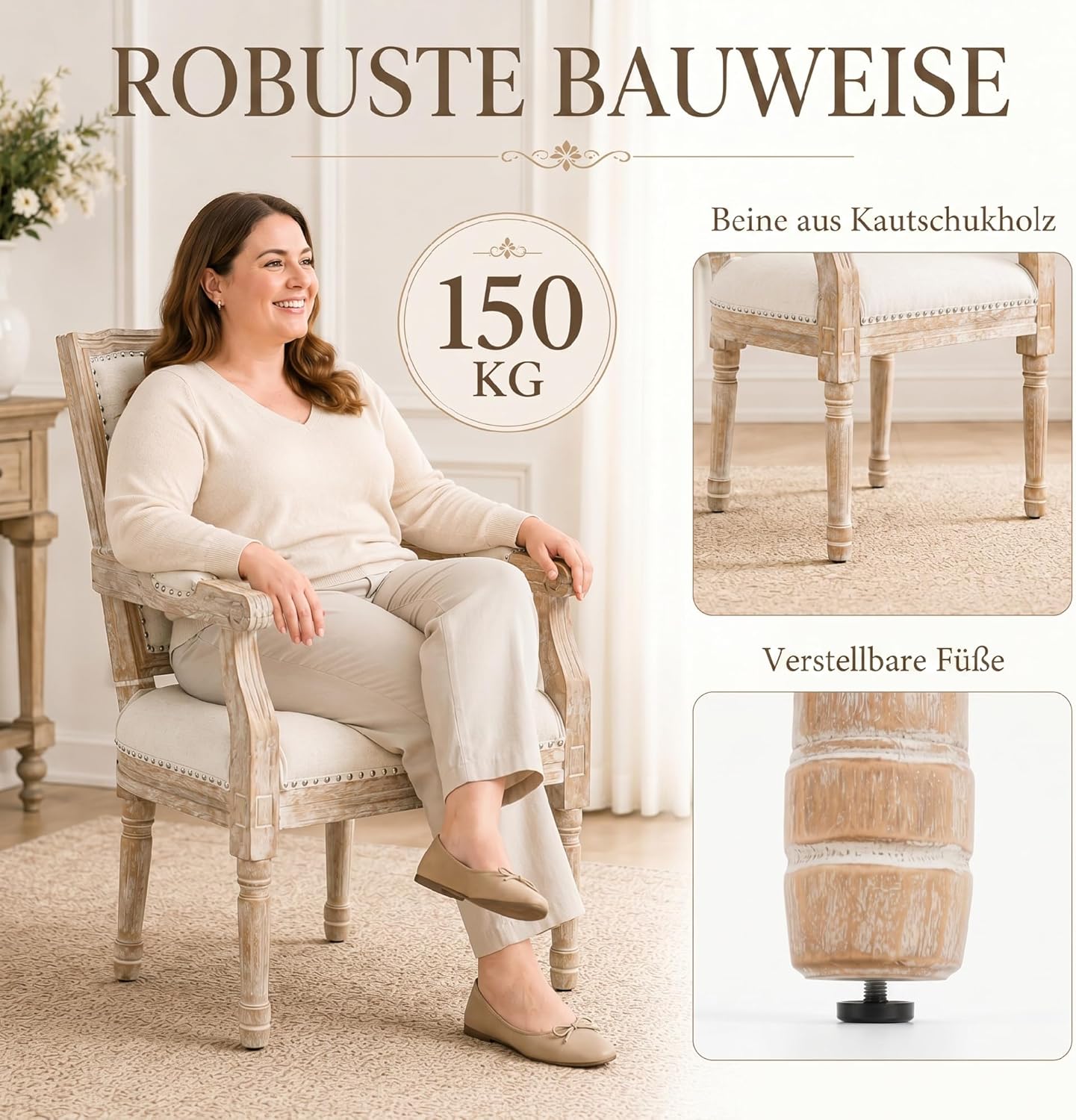 HOMCOM Esszimmerstuhl Küchenstuhl mit Rückenlehne, Leinenoptik, dick Polser, Holzbeine, Sessel Polsterstuhl im Vintage Design, Wohnzimmerstuhl für Esstisch, Cremeweiß — Ansicht 6