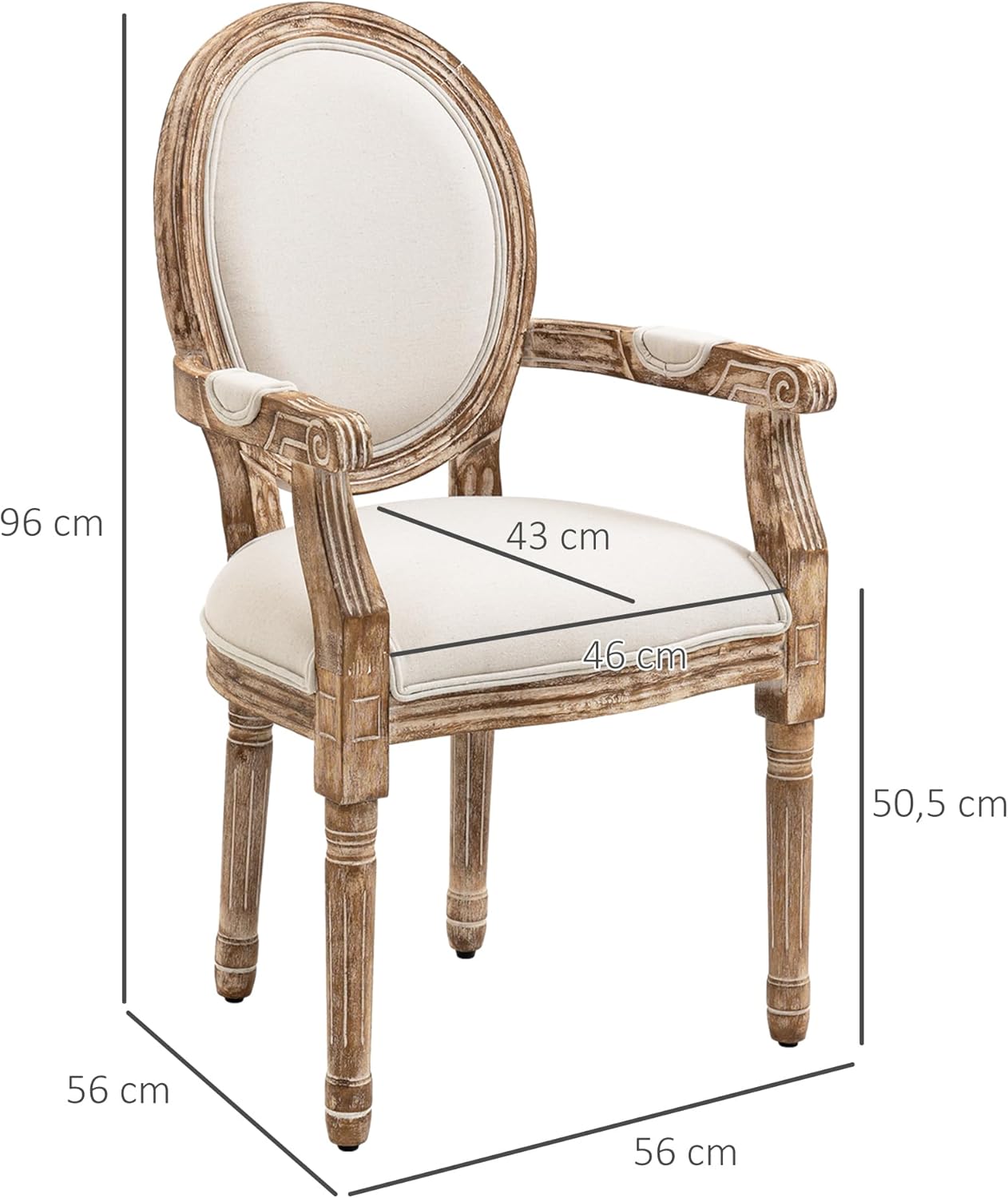 HOMCOM Esszimmerstuhl Retro-Design Küchenstuhl mit Dicker Polsterung Leinen-Optik Armlehnen Rückenlehne Wohnzimmerstuhl Polsterstuhl für Esstisch Gummiholz Cremeweiß+Holzfarbe — Ansicht 3