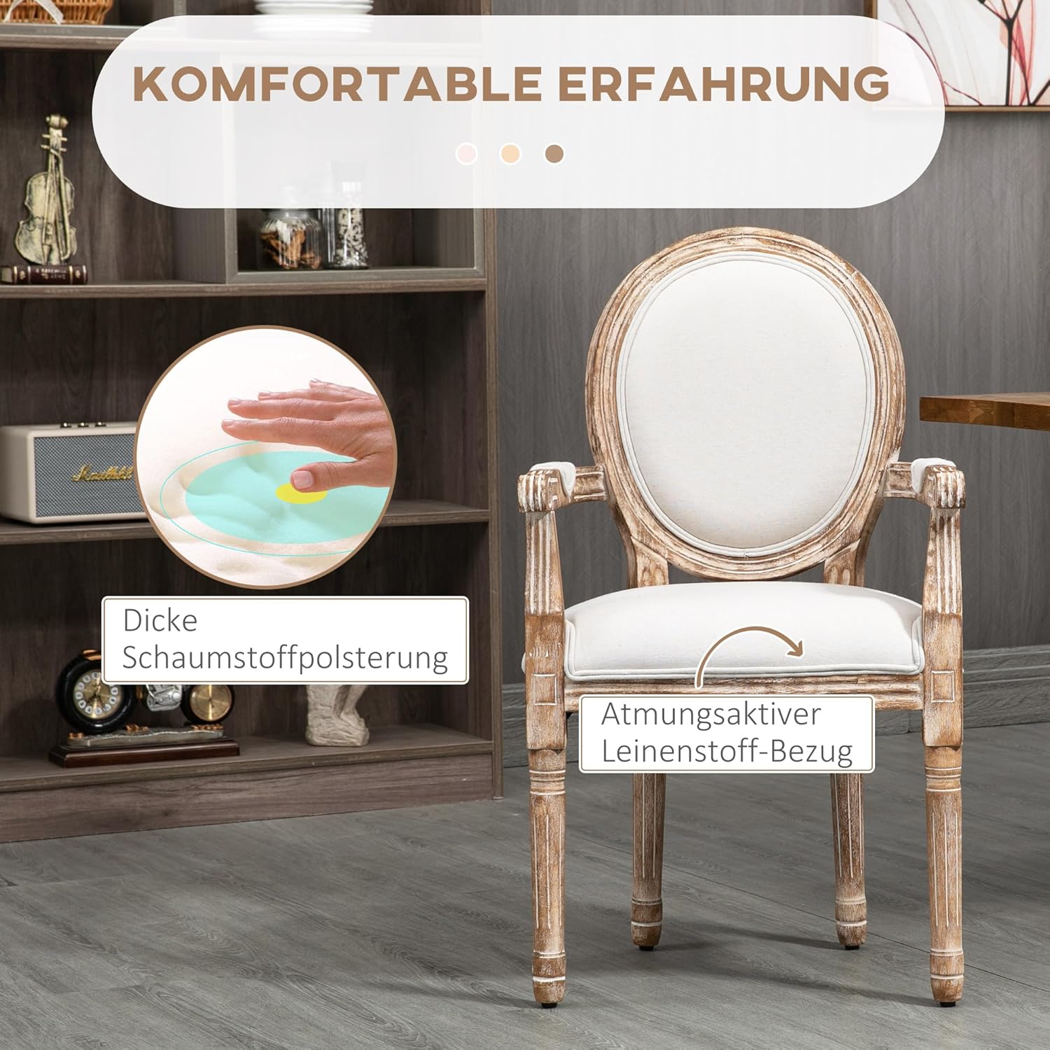 HOMCOM Esszimmerstuhl Retro-Design Küchenstuhl mit Dicker Polsterung Leinen-Optik Armlehnen Rückenlehne Wohnzimmerstuhl Polsterstuhl für Esstisch Gummiholz Cremeweiß+Holzfarbe — Ansicht 4