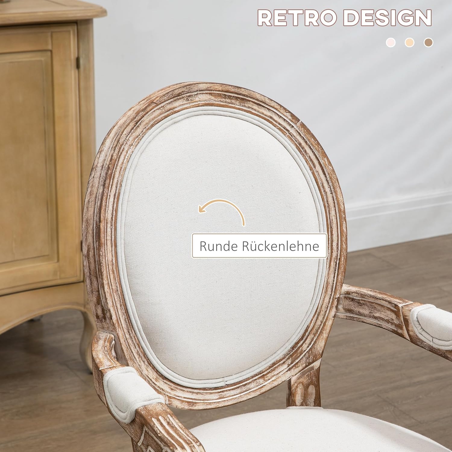 HOMCOM Esszimmerstuhl Retro-Design Küchenstuhl mit Dicker Polsterung Leinen-Optik Armlehnen Rückenlehne Wohnzimmerstuhl Polsterstuhl für Esstisch Gummiholz Cremeweiß+Holzfarbe — Ansicht 5