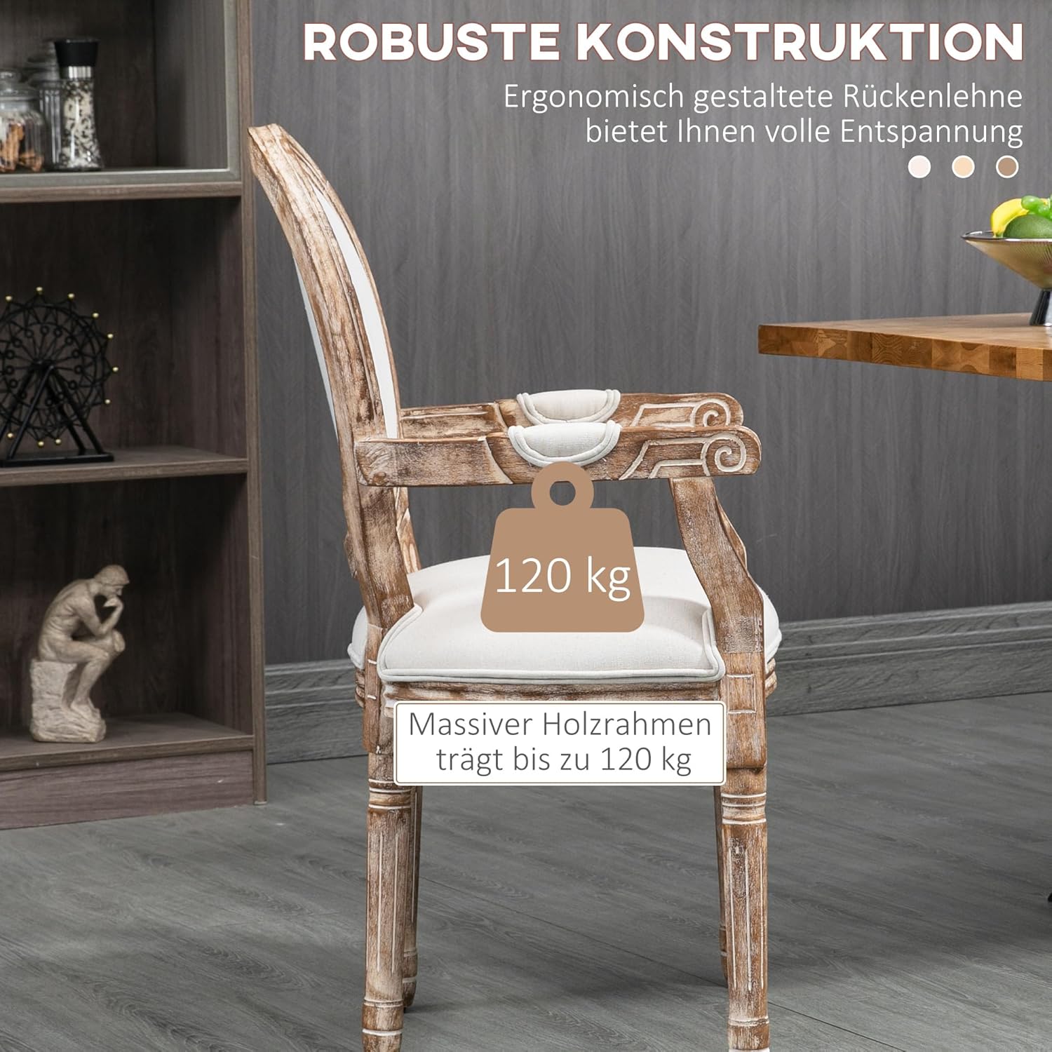HOMCOM Esszimmerstuhl Retro-Design Küchenstuhl mit Dicker Polsterung Leinen-Optik Armlehnen Rückenlehne Wohnzimmerstuhl Polsterstuhl für Esstisch Gummiholz Cremeweiß+Holzfarbe — Ansicht 6