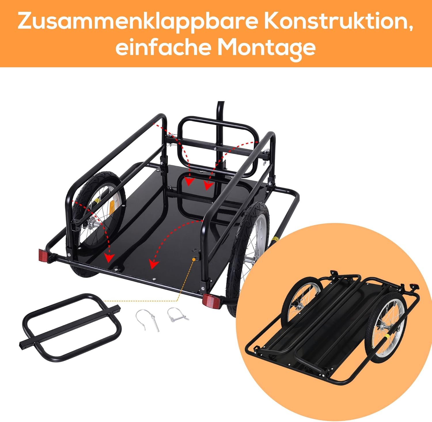 HOMCOM Fahrradanhänger Klappbar Lastenanhänger mit Kupplung, Kuppler & Reflektoren Transportwagen bis 40 kg belastbar, Transportanhänger Anhänger für Camping, Einkaufen, Umzug 155 x 71,5 x 77 cm — Ansicht 4