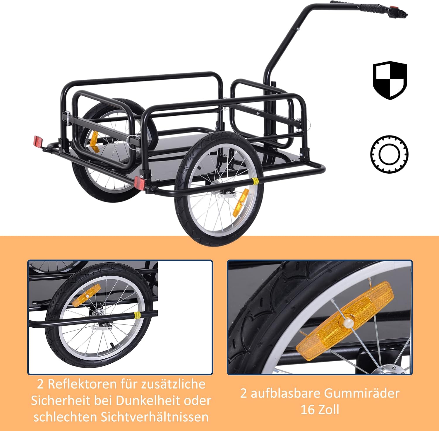 HOMCOM Fahrradanhänger Klappbar Lastenanhänger mit Kupplung, Kuppler & Reflektoren Transportwagen bis 40 kg belastbar, Transportanhänger Anhänger für Camping, Einkaufen, Umzug 155 x 71,5 x 77 cm — Ansicht 5