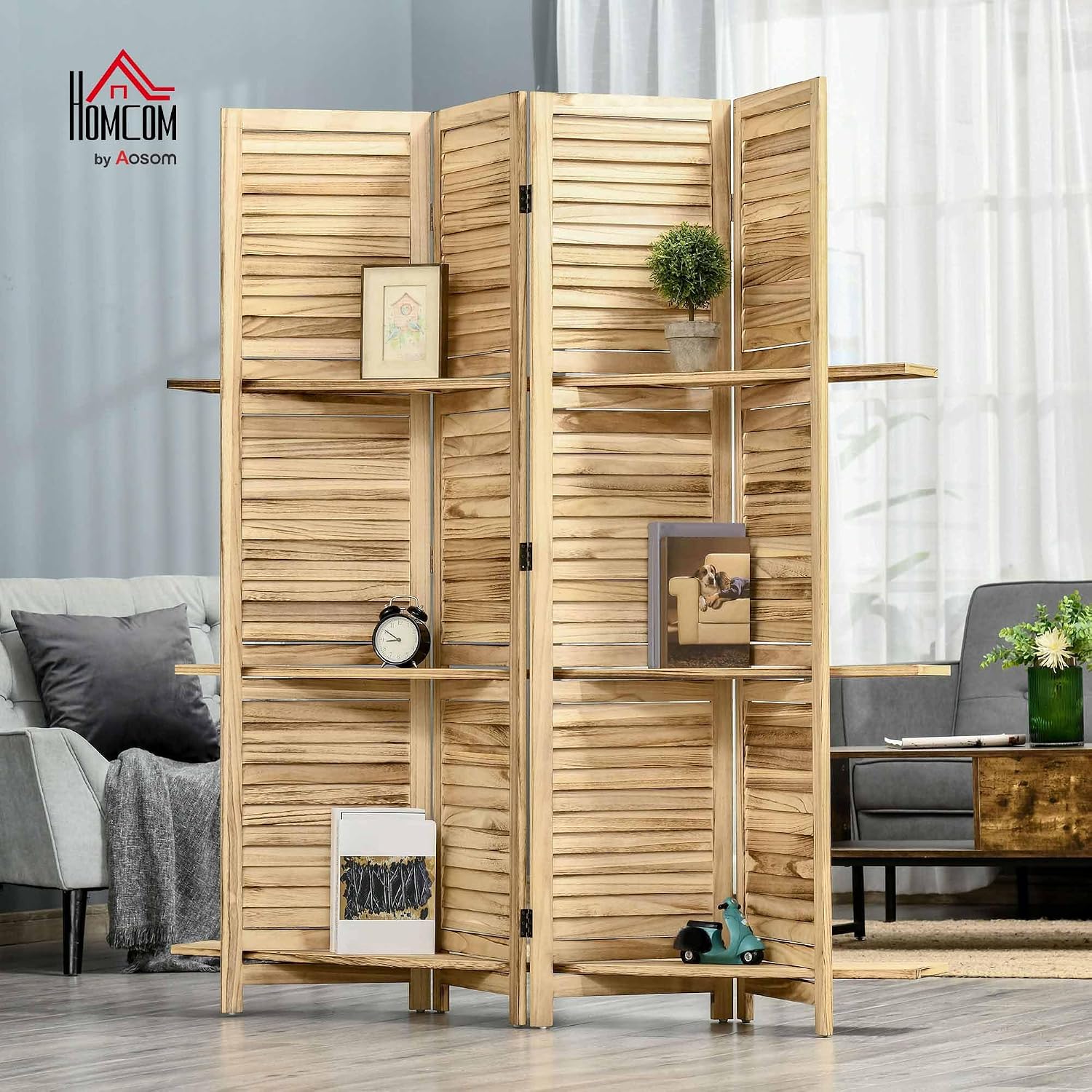 HOMCOM Faltbarer Paravent mit 4 Türen, Separé mit Einlegeböden und Lattenrost, Paulonia Holz-Raumteiler für Heim und Büro, 162x170 cm, Holz — Ansicht 2