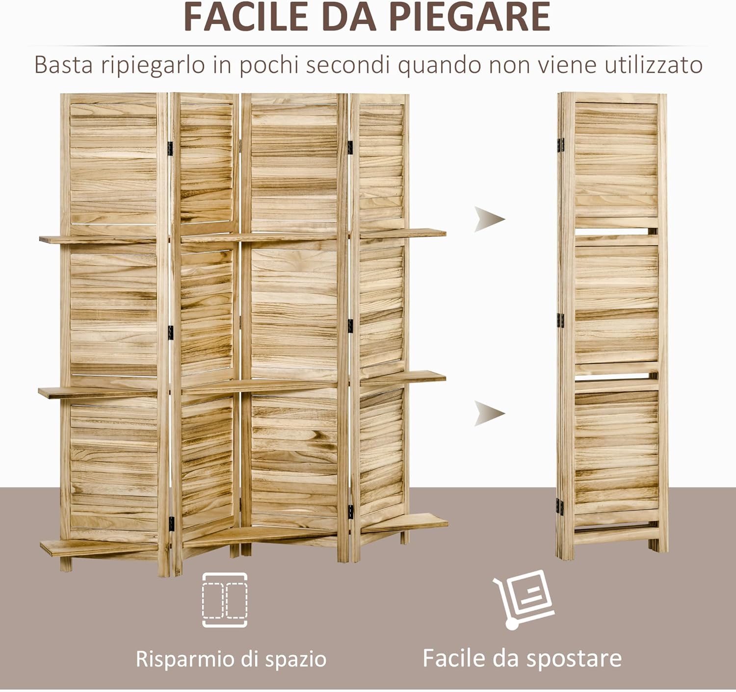 HOMCOM Faltbarer Paravent mit 4 Türen, Separé mit Einlegeböden und Lattenrost, Paulonia Holz-Raumteiler für Heim und Büro, 162x170 cm, Holz — Ansicht 3