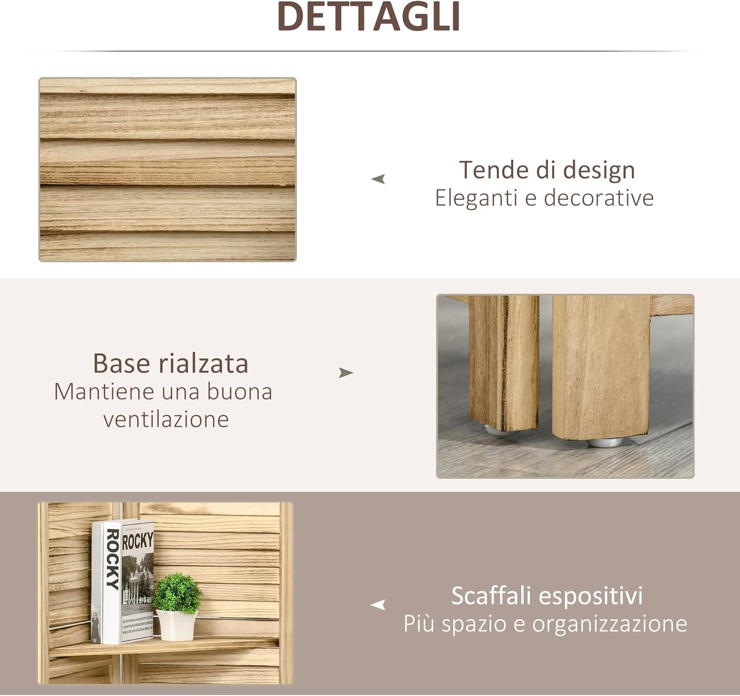 HOMCOM Faltbarer Paravent mit 4 Türen, Separé mit Einlegeböden und Lattenrost, Paulonia Holz-Raumteiler für Heim und Büro, 162x170 cm, Holz — Ansicht 5