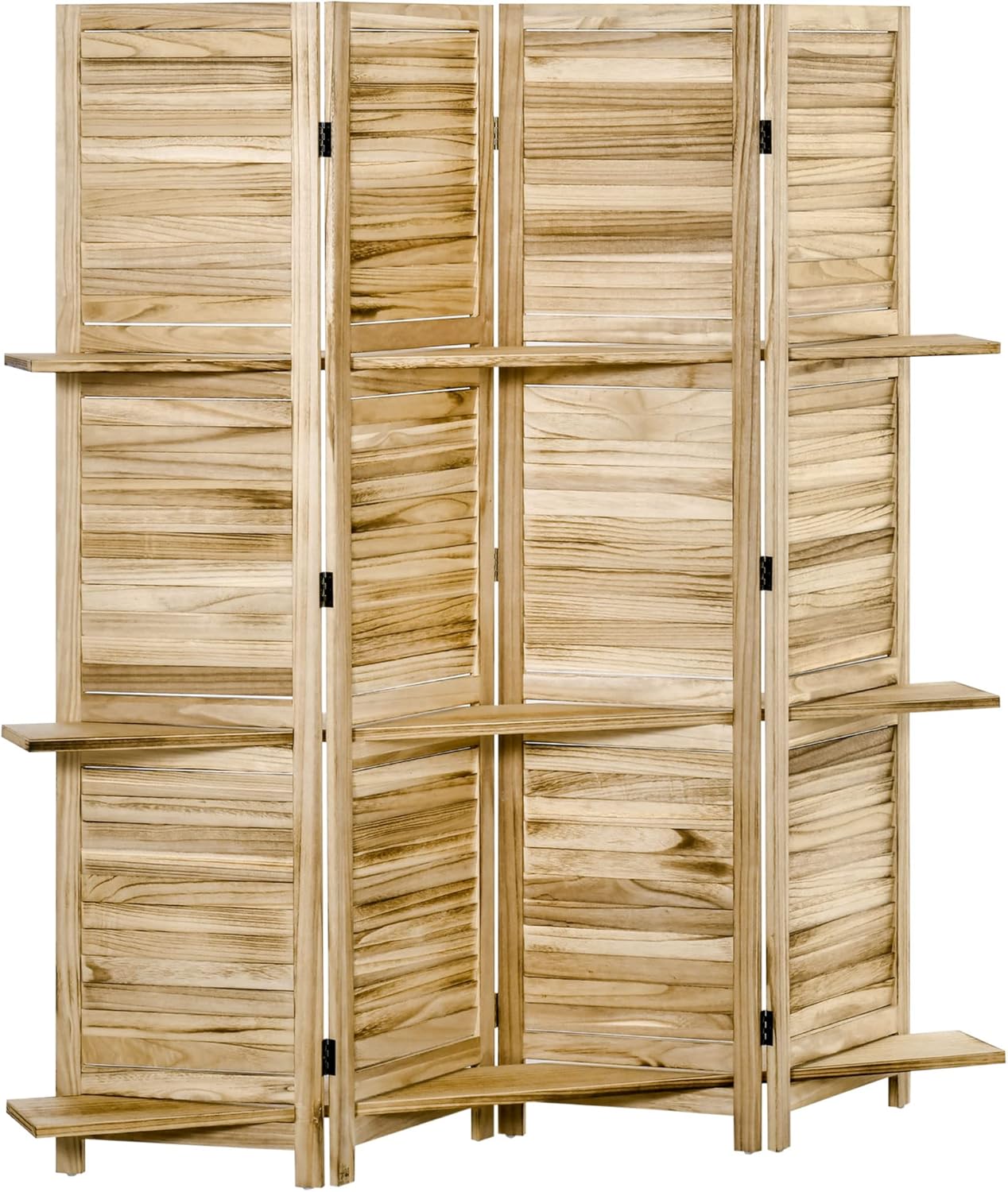 HOMCOM Faltbarer Paravent mit 4 Türen, Separé mit Einlegeböden und Lattenrost, Paulonia Holz-Raumteiler für Heim und Büro, 162x170 cm, Holz