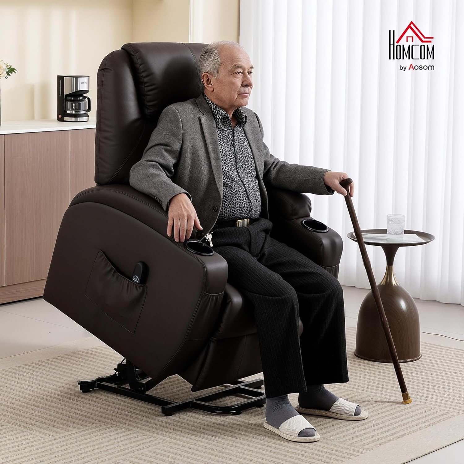 HOMCOM Fernsehsessel Elektrisch Relaxsessel mit Aufstehhilfe, Liegefunktion, TV-Sessel mit Fernbedienung mit USB-Anschluss, Becherhalter, Seitentasche, Kunstleder, für Wohnzimmer, Dunkelbraun — Ansicht 2