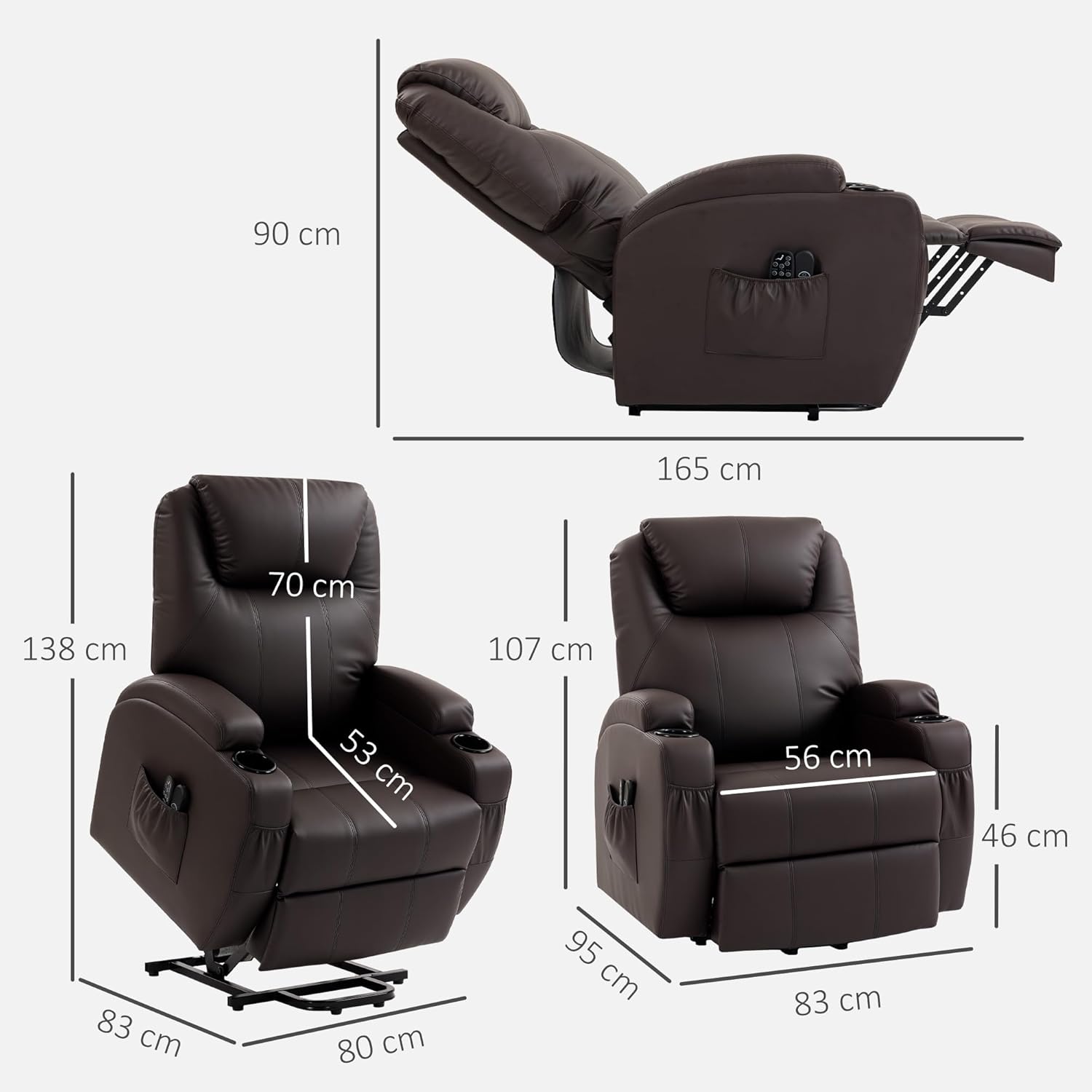 HOMCOM Fernsehsessel Elektrisch Relaxsessel mit Aufstehhilfe, Liegefunktion, TV-Sessel mit Fernbedienung mit USB-Anschluss, Becherhalter, Seitentasche, Kunstleder, für Wohnzimmer, Dunkelbraun — Ansicht 3
