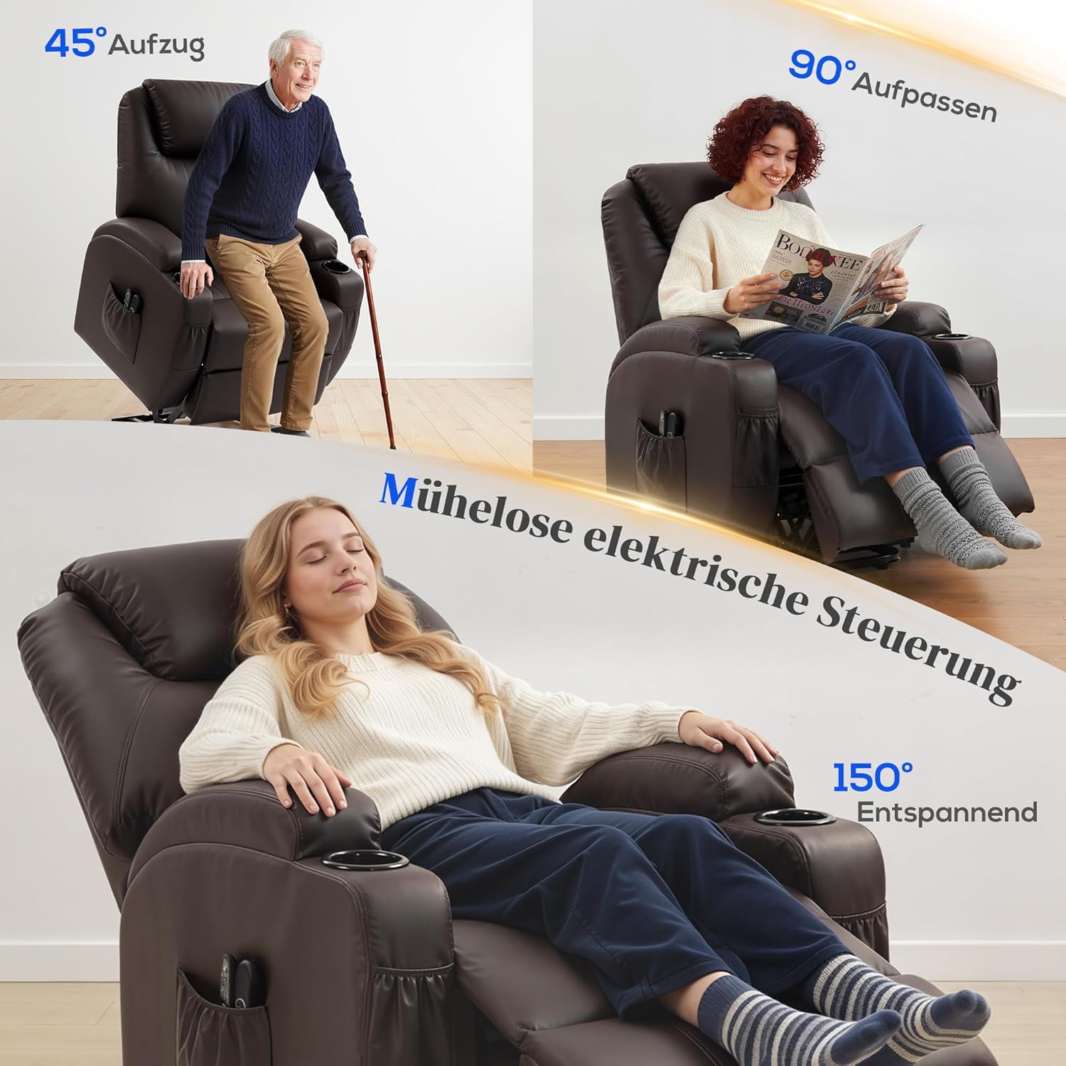 HOMCOM Fernsehsessel Elektrisch Relaxsessel mit Aufstehhilfe, Liegefunktion, TV-Sessel mit Fernbedienung mit USB-Anschluss, Becherhalter, Seitentasche, Kunstleder, für Wohnzimmer, Dunkelbraun — Ansicht 4