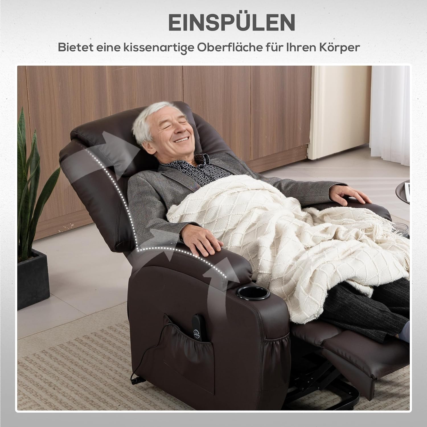 HOMCOM Fernsehsessel Elektrisch Relaxsessel mit Aufstehhilfe, Liegefunktion, TV-Sessel mit Fernbedienung mit USB-Anschluss, Becherhalter, Seitentasche, Kunstleder, für Wohnzimmer, Dunkelbraun — Ansicht 6
