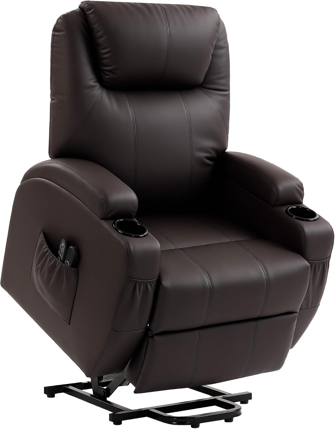 HOMCOM Fernsehsessel Elektrisch Relaxsessel mit Aufstehhilfe, Liegefunktion, TV-Sessel mit Fernbedienung mit USB-Anschluss, Becherhalter, Seitentasche, Kunstleder, für Wohnzimmer, Dunkelbraun