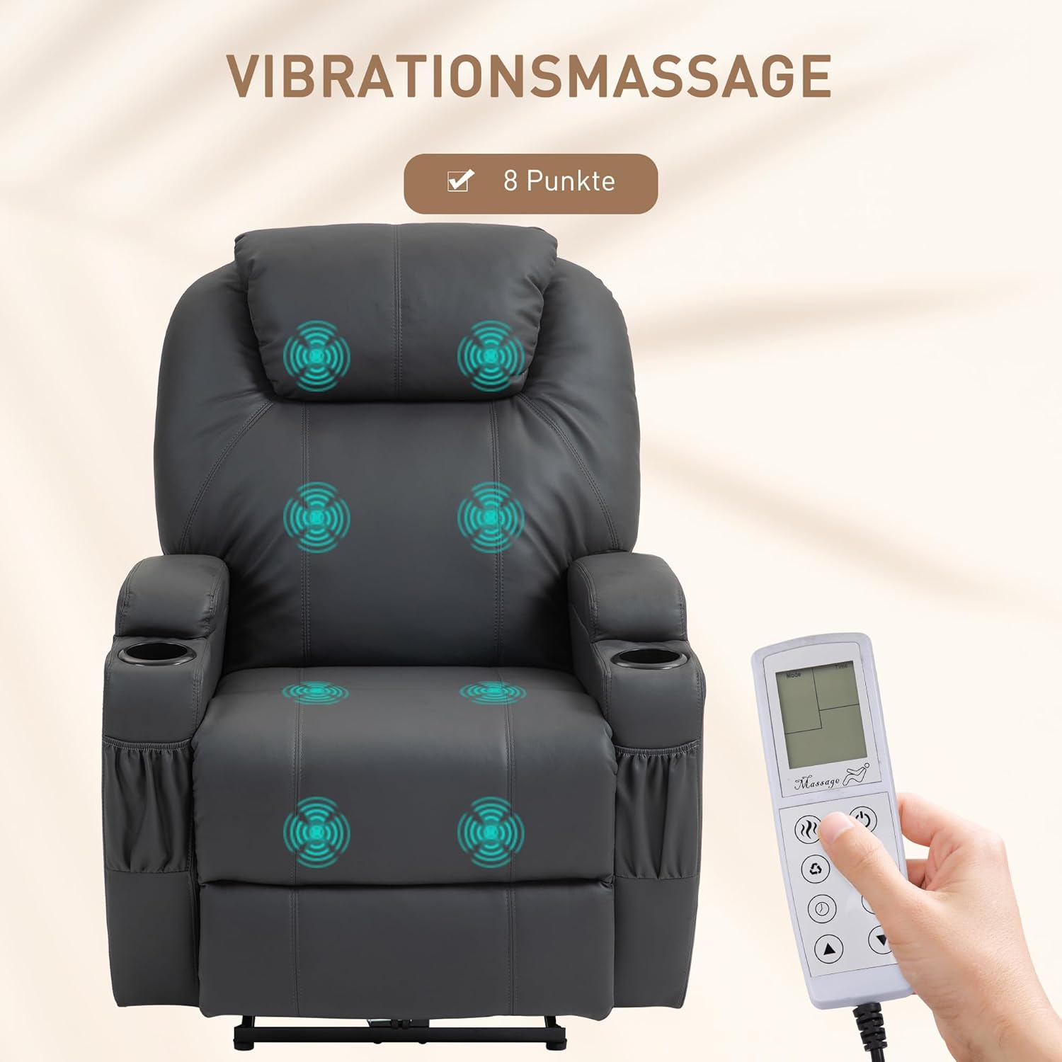 HOMCOM Fernsehsessel Elektrisch Relaxsessel mit Liegefunktion Aufstehhilfe Massage Massagesessel mit verstellbar Rückenlehne Seitentasche Getränkehalter TV Sessel bis 160kg für Wohnzimmer Dunkelgrau — Ansicht 4