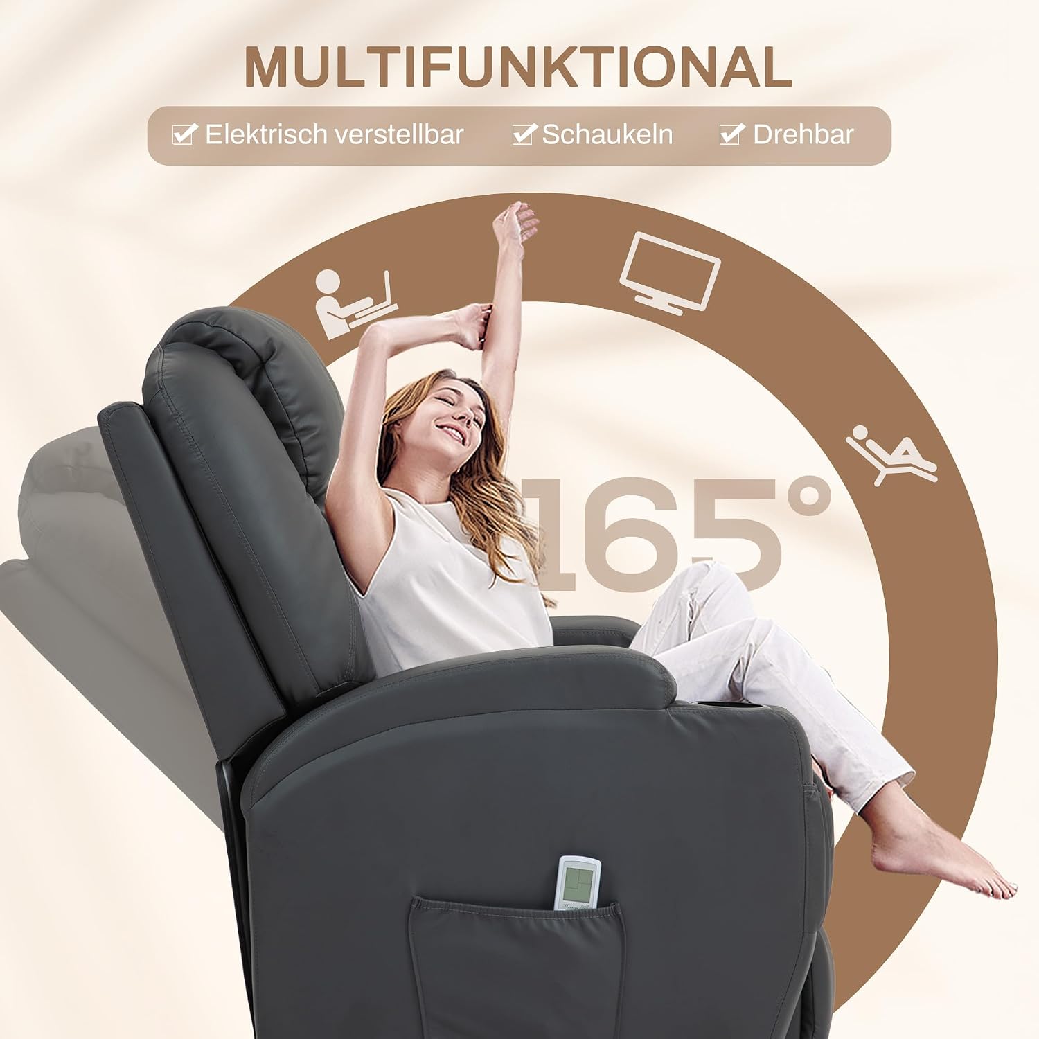 HOMCOM Fernsehsessel Elektrisch Relaxsessel mit Liegefunktion Aufstehhilfe Massage Massagesessel mit verstellbar Rückenlehne Seitentasche Getränkehalter TV Sessel bis 160kg für Wohnzimmer Dunkelgrau — Ansicht 5