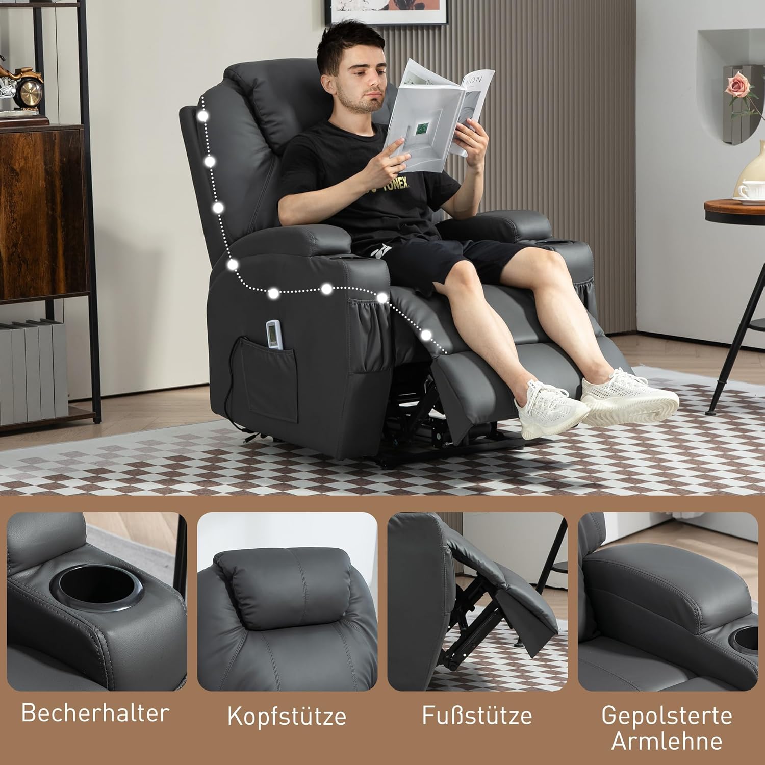 HOMCOM Fernsehsessel Elektrisch Relaxsessel mit Liegefunktion Aufstehhilfe Massage Massagesessel mit verstellbar Rückenlehne Seitentasche Getränkehalter TV Sessel bis 160kg für Wohnzimmer Dunkelgrau — Ansicht 6