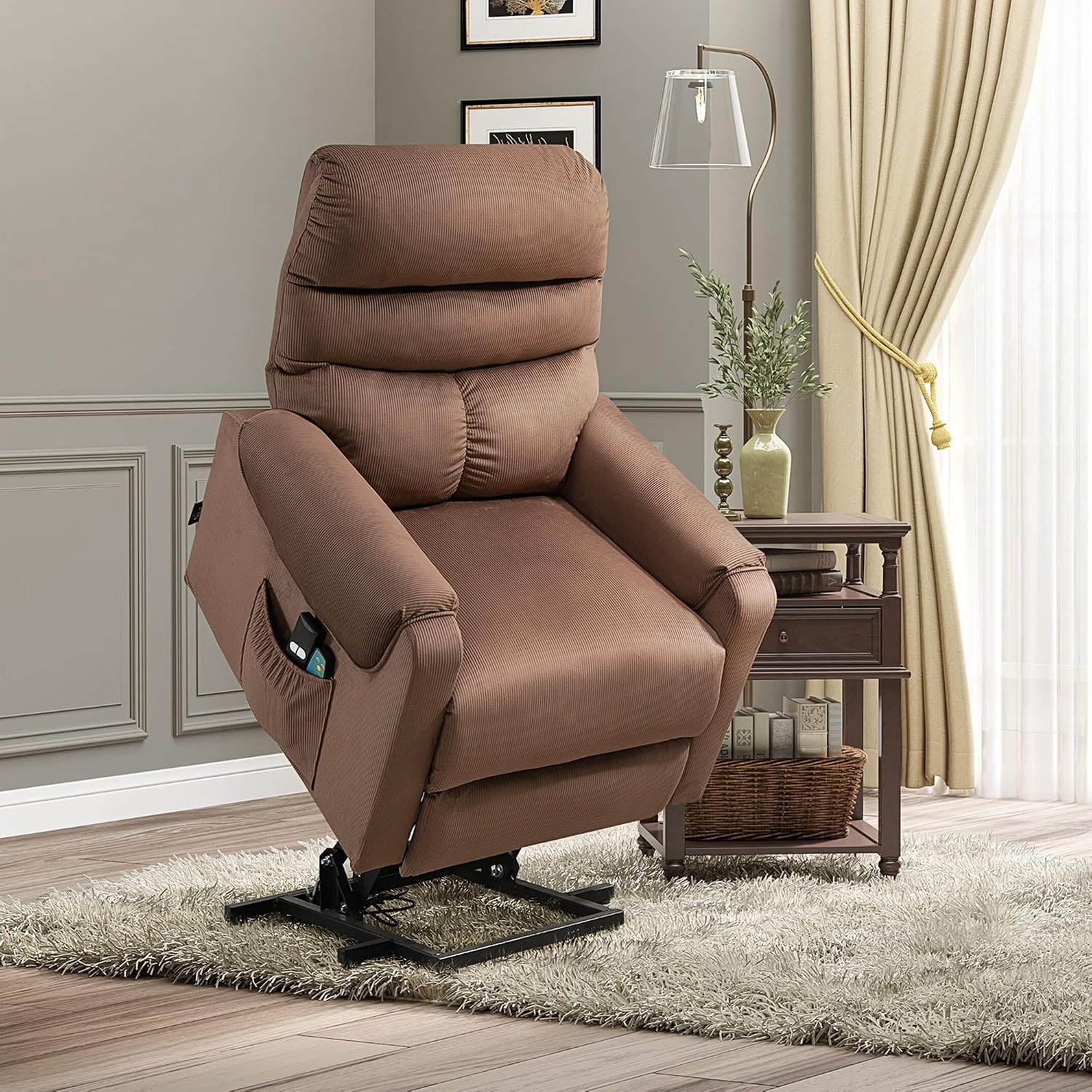 HOMCOM Fernsehsessel mit Aufstehhilfe Elektrisch, Massagesessel mit Liegefunktion und Wärmefunktion, Relaxsessel mit Fernbedienung und Seitentasche Verstellbar Polyester-Gewebe Braun — Ansicht 2