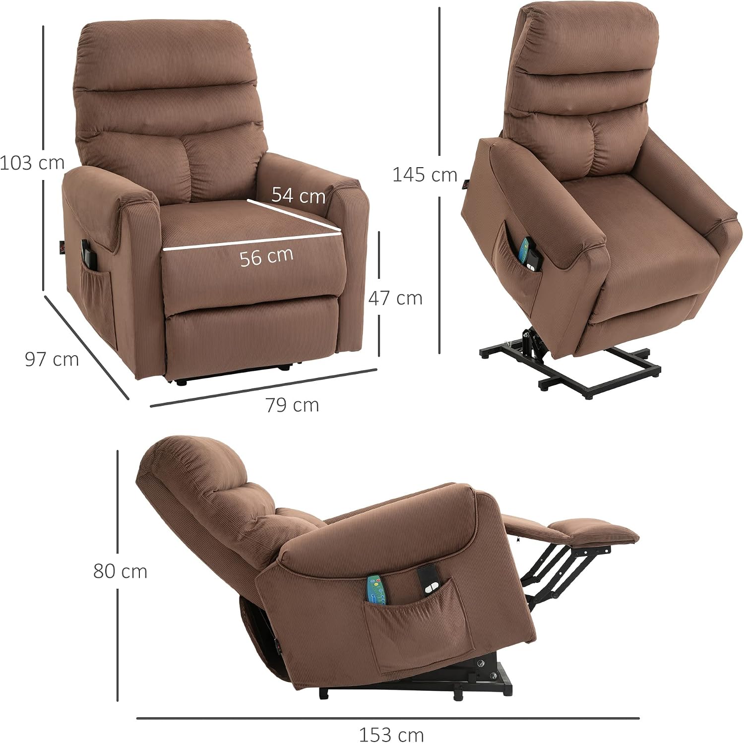 HOMCOM Fernsehsessel mit Aufstehhilfe Elektrisch, Massagesessel mit Liegefunktion und Wärmefunktion, Relaxsessel mit Fernbedienung und Seitentasche Verstellbar Polyester-Gewebe Braun — Ansicht 3