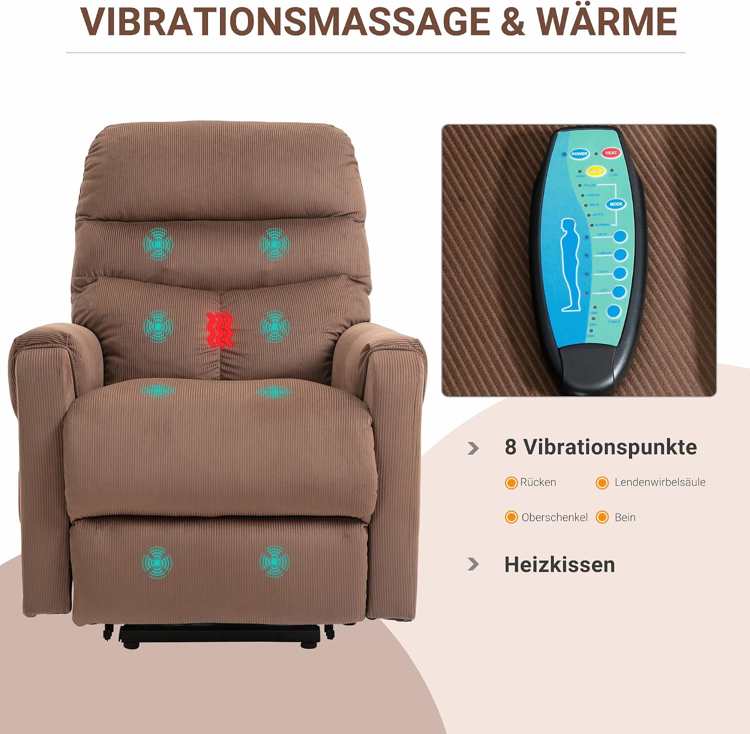 HOMCOM Fernsehsessel mit Aufstehhilfe Elektrisch, Massagesessel mit Liegefunktion und Wärmefunktion, Relaxsessel mit Fernbedienung und Seitentasche Verstellbar Polyester-Gewebe Braun — Ansicht 4