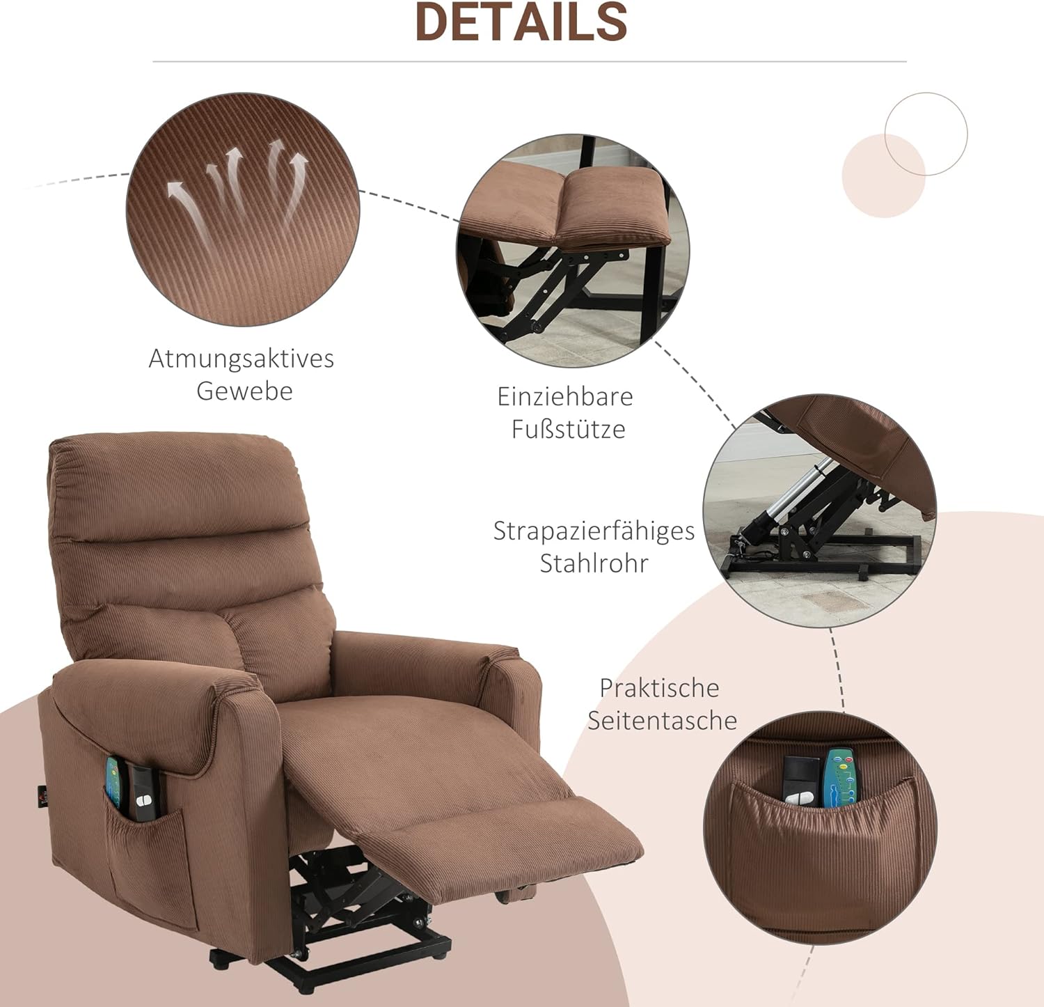 HOMCOM Fernsehsessel mit Aufstehhilfe Elektrisch, Massagesessel mit Liegefunktion und Wärmefunktion, Relaxsessel mit Fernbedienung und Seitentasche Verstellbar Polyester-Gewebe Braun — Ansicht 5