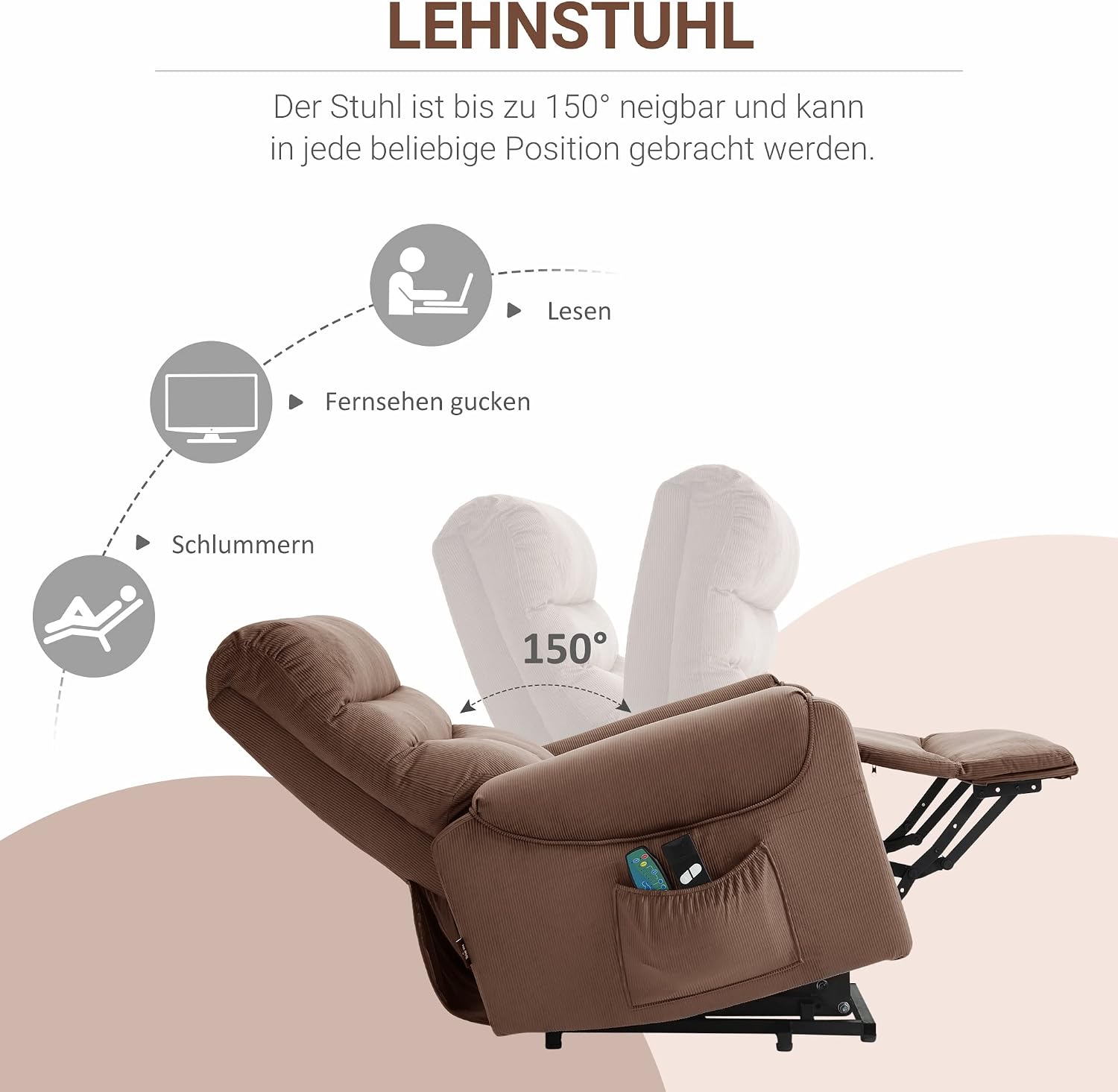 HOMCOM Fernsehsessel mit Aufstehhilfe Elektrisch, Massagesessel mit Liegefunktion und Wärmefunktion, Relaxsessel mit Fernbedienung und Seitentasche Verstellbar Polyester-Gewebe Braun — Ansicht 6