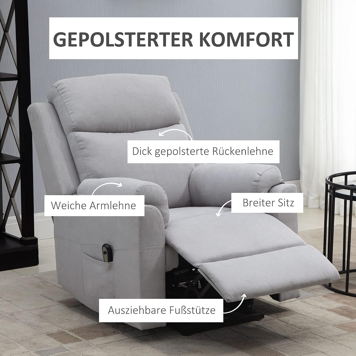HOMCOM Fernsehsessel mit Aufstehhilfe Elektrisch Relaxsessel mit Liegefunktion, TV-Sessel mit Fernbedienung Seitentasche Taschenfederkern Leinenoptik Hellgrau — Ansicht 4