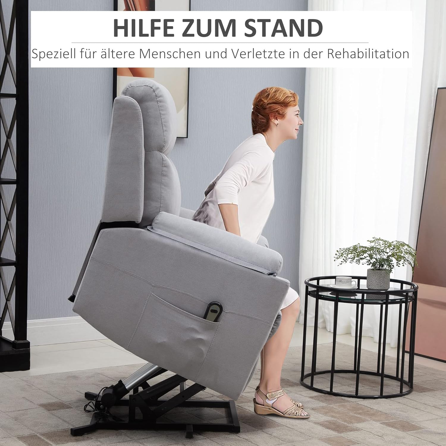 HOMCOM Fernsehsessel mit Aufstehhilfe Elektrisch Relaxsessel mit Liegefunktion, TV-Sessel mit Fernbedienung Seitentasche Taschenfederkern Leinenoptik Hellgrau — Ansicht 5