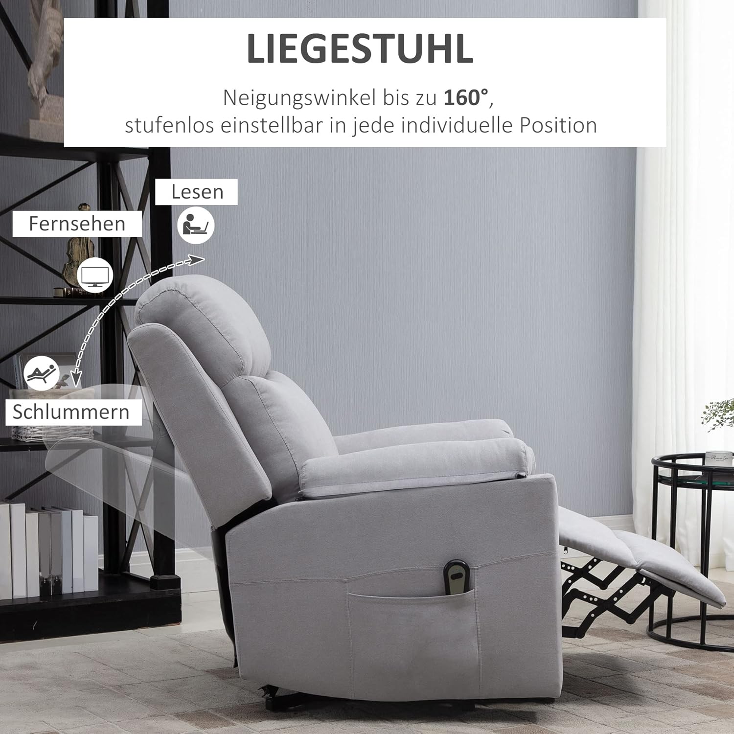 HOMCOM Fernsehsessel mit Aufstehhilfe Elektrisch Relaxsessel mit Liegefunktion, TV-Sessel mit Fernbedienung Seitentasche Taschenfederkern Leinenoptik Hellgrau — Ansicht 6