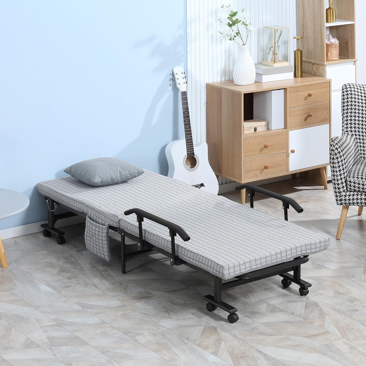 HOMCOM Gästebett Klappbett mit Rollen Reisebett mit 5-stufig Verstellbarer Rückenlehne Stahl 190 x 76 x 33 cm Hellgrau+Schwarz — Ansicht 2