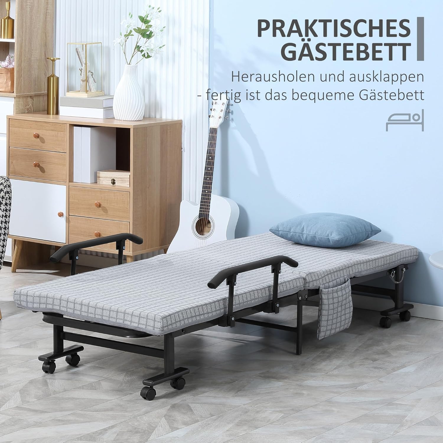 HOMCOM Gästebett Klappbett mit Rollen Reisebett mit 5-stufig Verstellbarer Rückenlehne Stahl 190 x 76 x 33 cm Hellgrau+Schwarz — Ansicht 3