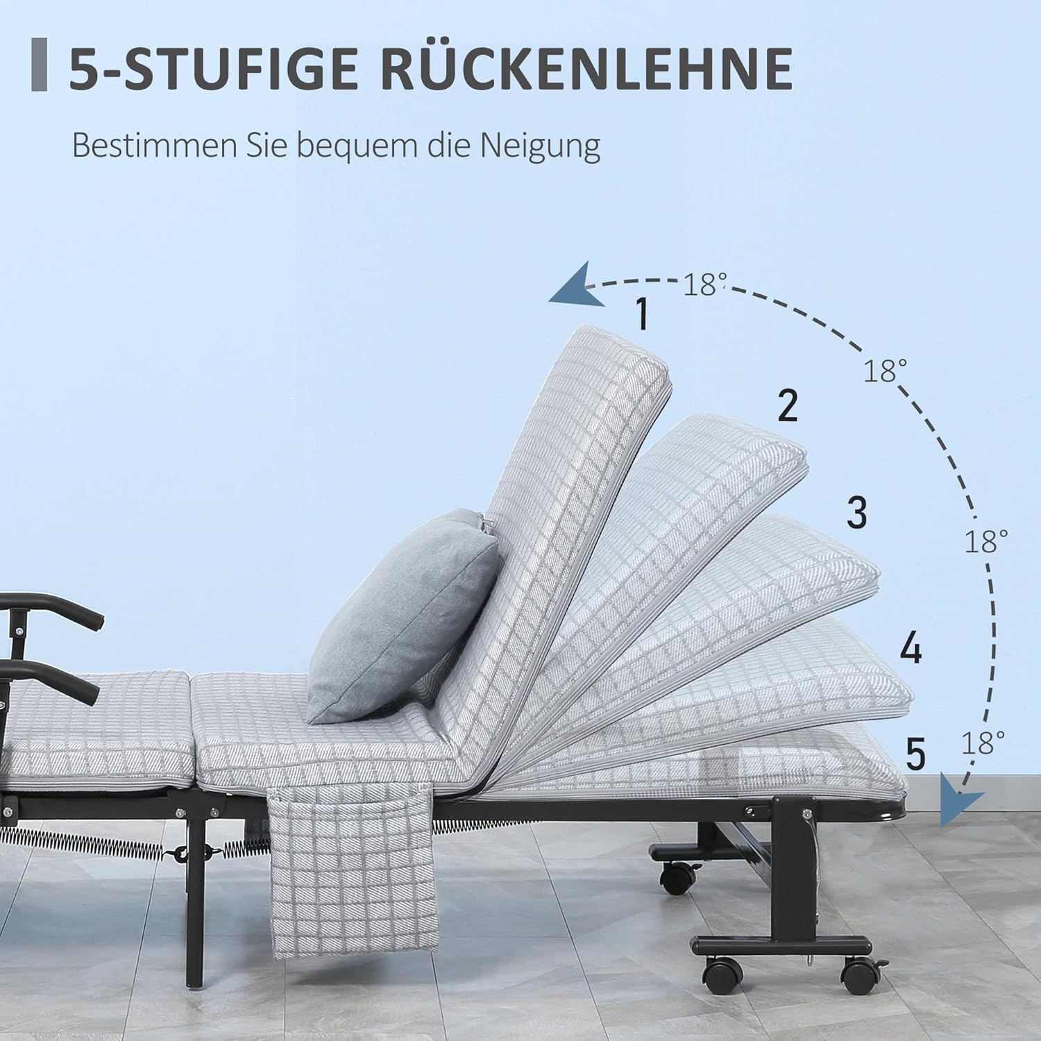 HOMCOM Gästebett Klappbett mit Rollen Reisebett mit 5-stufig Verstellbarer Rückenlehne Stahl 190 x 76 x 33 cm Hellgrau+Schwarz — Ansicht 5