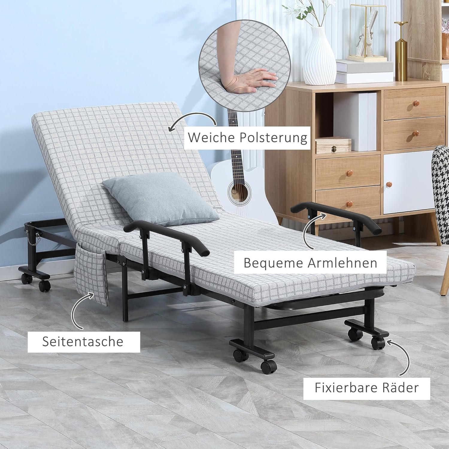 HOMCOM Gästebett Klappbett mit Rollen Reisebett mit 5-stufig Verstellbarer Rückenlehne Stahl 190 x 76 x 33 cm Hellgrau+Schwarz — Ansicht 6