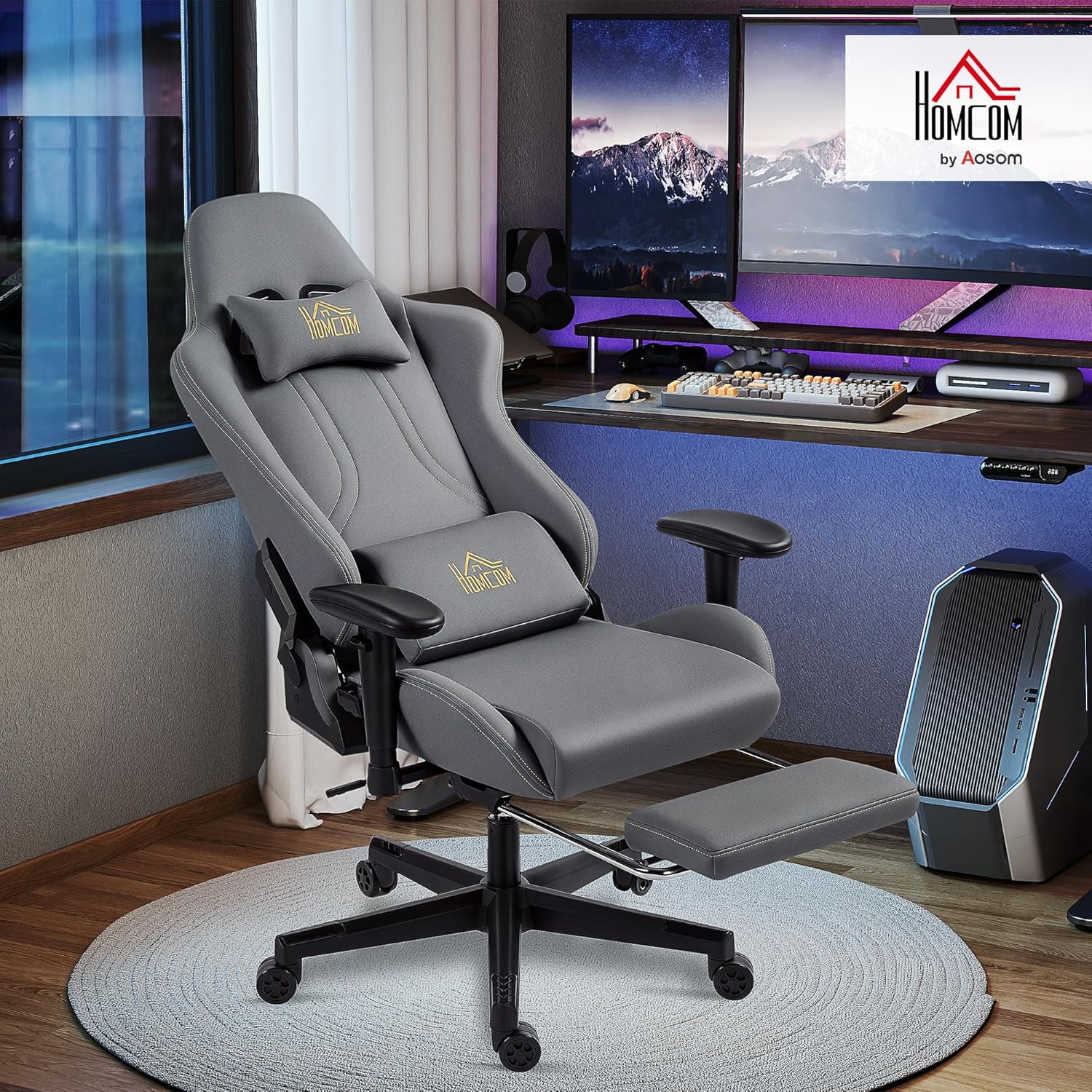HOMCOM Gaming Stuhl Ergonomischer Wildlederimitat Gamer Stuhl mit Lendenkissen, Fußstütze, Kopfkissen, Gaming Sessel mit 3D Armlehnen Höhenverstellbar Bürostuhl mit Dunkelgrau — Ansicht 2