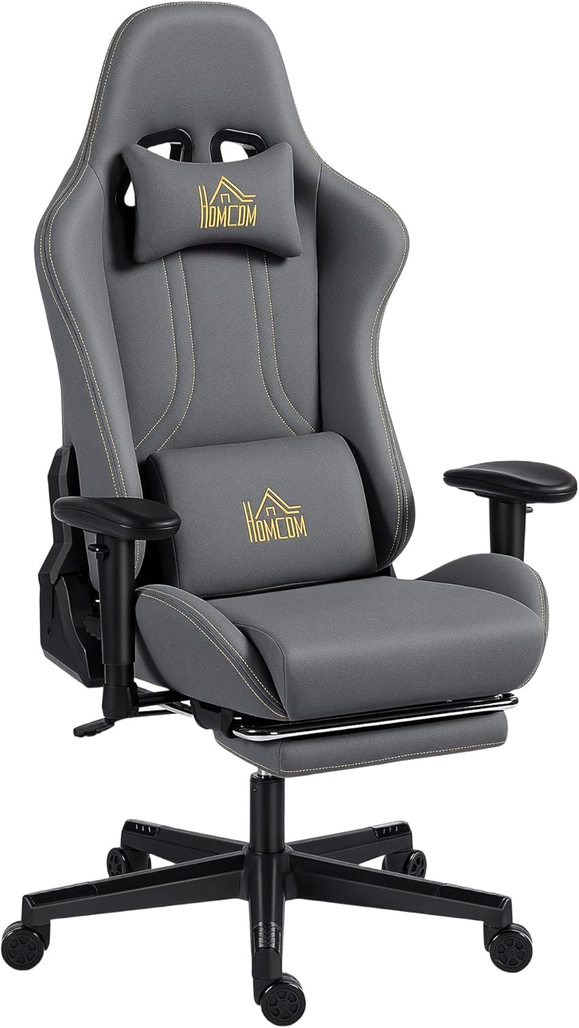 HOMCOM Gaming Stuhl Ergonomischer Wildlederimitat Gamer Stuhl mit Lendenkissen, Fußstütze, Kopfkissen, Gaming Sessel mit 3D Armlehnen Höhenverstellbar Bürostuhl mit Dunkelgrau