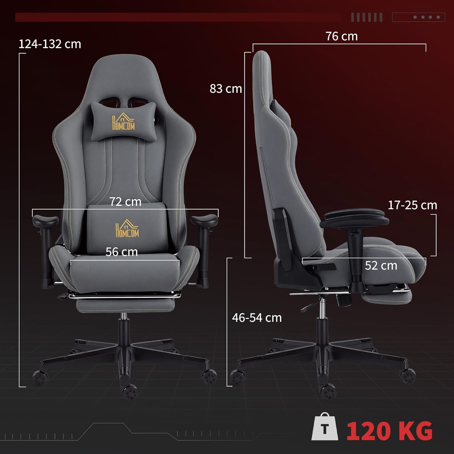 HOMCOM Gaming Stuhl Ergonomischer Wildlederimitat Gamer Stuhl mit Lendenkissen, Fußstütze, Kopfkissen, Gaming Sessel mit 3D Armlehnen Höhenverstellbar Bürostuhl mit Dunkelgrau — Ansicht 3