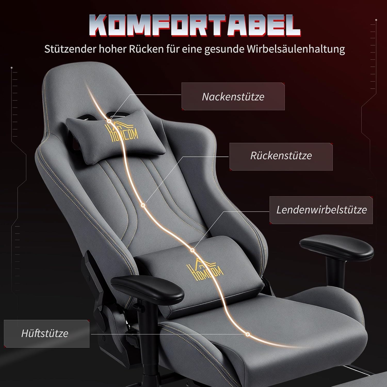 HOMCOM Gaming Stuhl Ergonomischer Wildlederimitat Gamer Stuhl mit Lendenkissen, Fußstütze, Kopfkissen, Gaming Sessel mit 3D Armlehnen Höhenverstellbar Bürostuhl mit Dunkelgrau — Ansicht 4