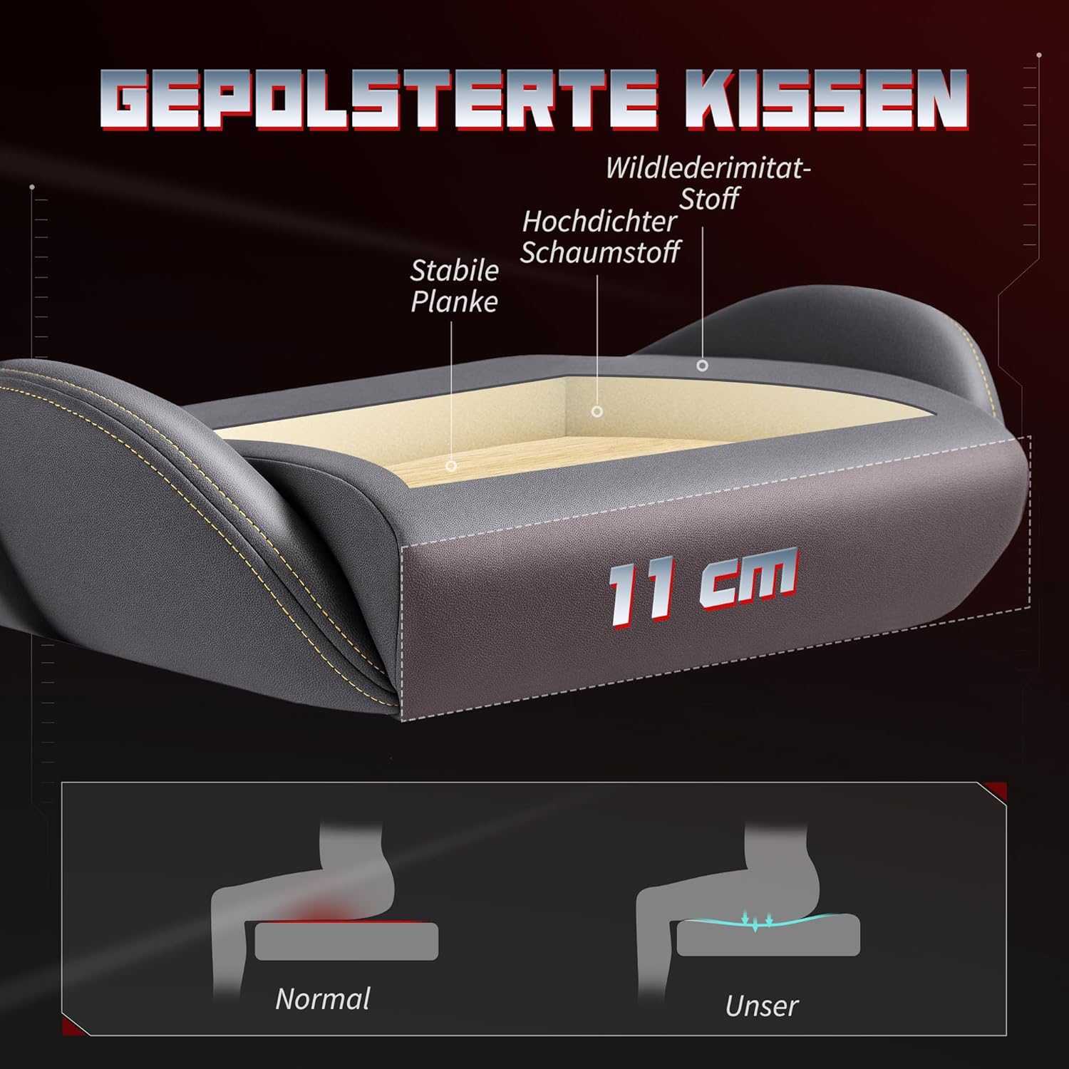 HOMCOM Gaming Stuhl Ergonomischer Wildlederimitat Gamer Stuhl mit Lendenkissen, Fußstütze, Kopfkissen, Gaming Sessel mit 3D Armlehnen Höhenverstellbar Bürostuhl mit Dunkelgrau — Ansicht 5