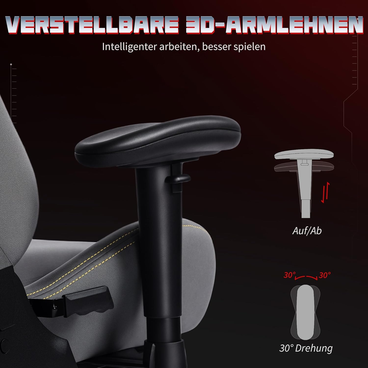HOMCOM Gaming Stuhl Ergonomischer Wildlederimitat Gamer Stuhl mit Lendenkissen, Fußstütze, Kopfkissen, Gaming Sessel mit 3D Armlehnen Höhenverstellbar Bürostuhl mit Dunkelgrau — Ansicht 6
