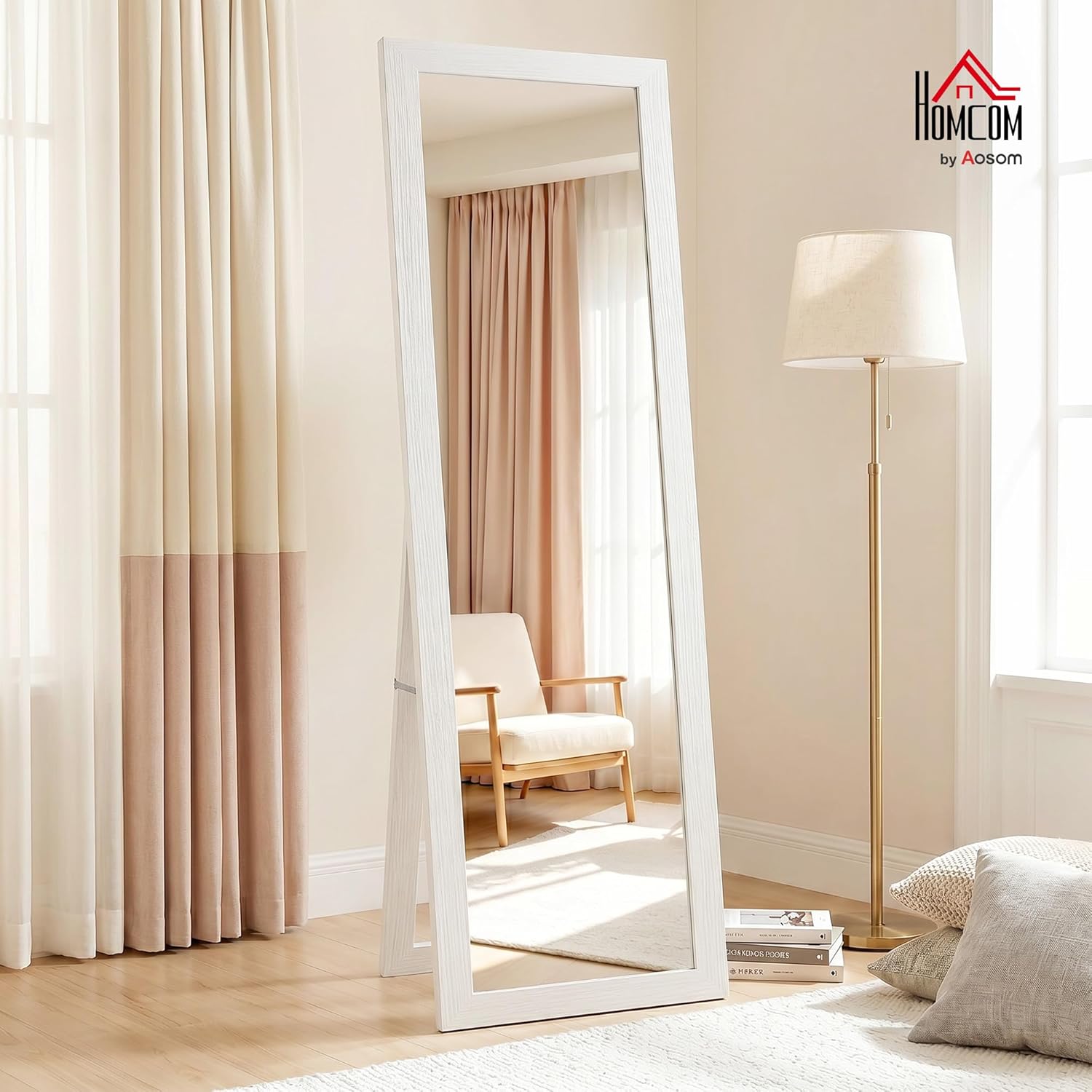 HOMCOM Ganzkörperspiegel 157 x 37 cm Rechteckig Standspiegel mit Rahmen mit Holzoptik, Wandspiegel zum Stehen, Anlehnen, Groß Spiegel für Flur, Wohnzimmer, Schlafzimmer, Weiß — Ansicht 2