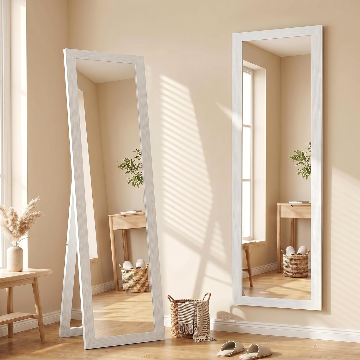 HOMCOM Ganzkörperspiegel 157 x 37 cm Rechteckig Standspiegel mit Rahmen mit Holzoptik, Wandspiegel zum Stehen, Anlehnen, Groß Spiegel für Flur, Wohnzimmer, Schlafzimmer, Weiß