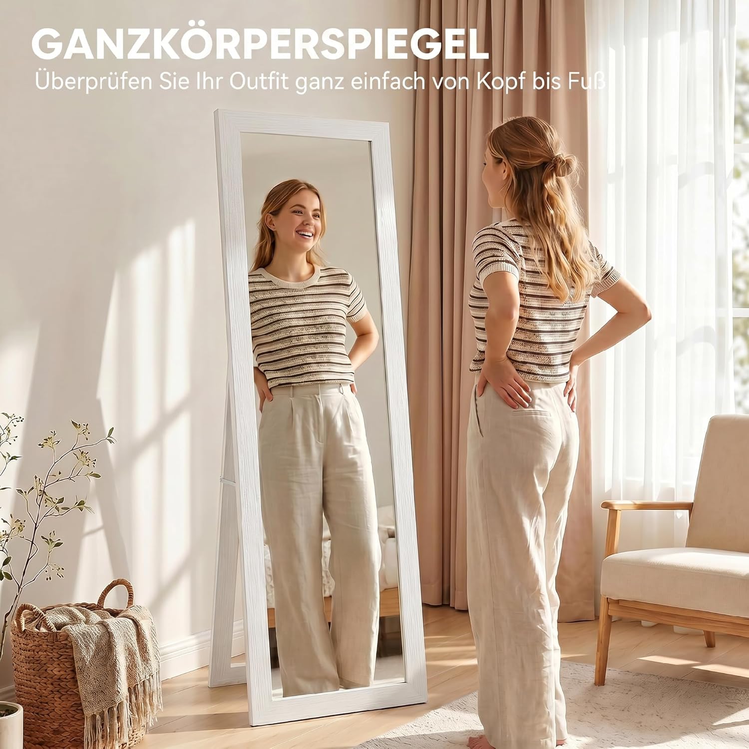 HOMCOM Ganzkörperspiegel 157 x 37 cm Rechteckig Standspiegel mit Rahmen mit Holzoptik, Wandspiegel zum Stehen, Anlehnen, Groß Spiegel für Flur, Wohnzimmer, Schlafzimmer, Weiß — Ansicht 3