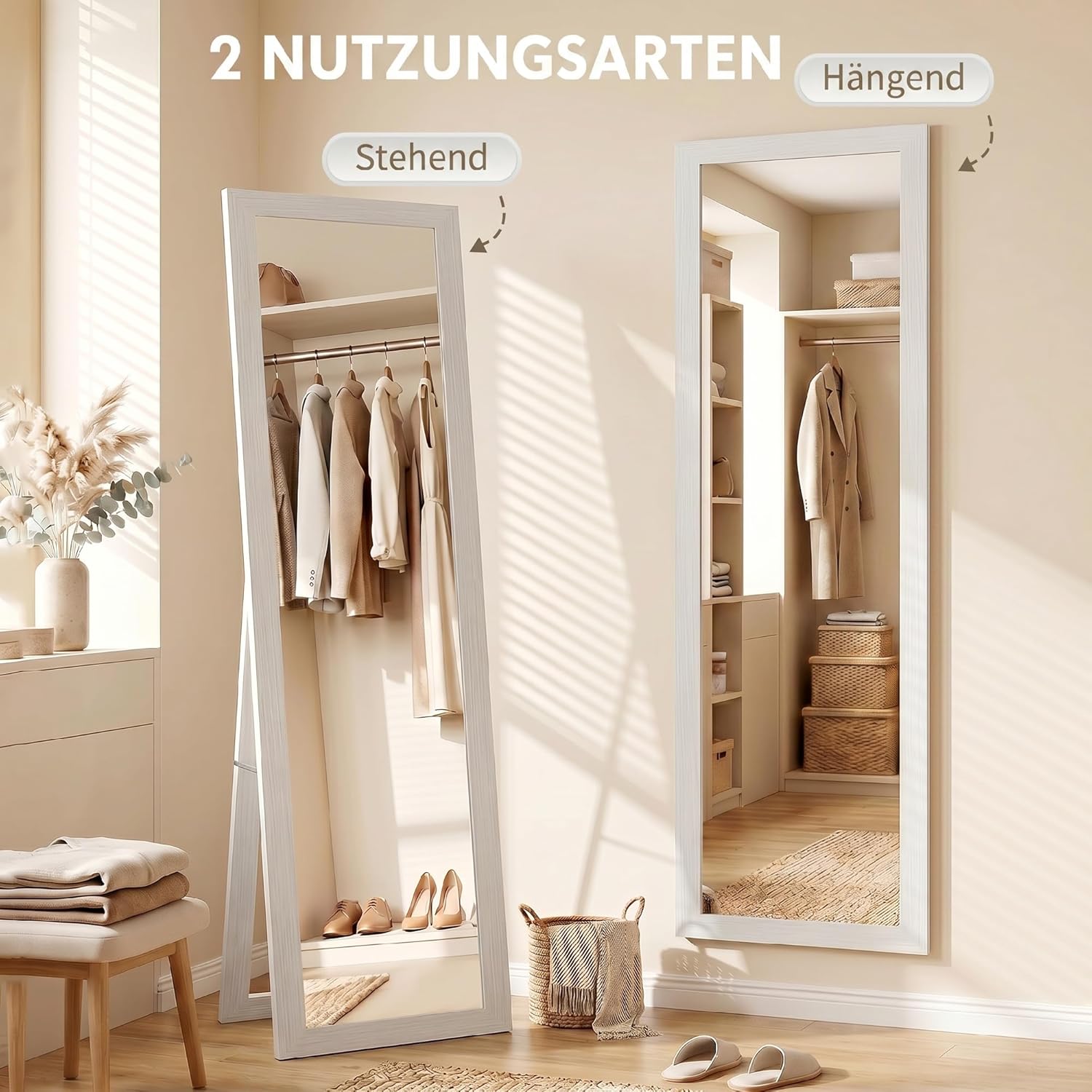 HOMCOM Ganzkörperspiegel 157 x 37 cm Rechteckig Standspiegel mit Rahmen mit Holzoptik, Wandspiegel zum Stehen, Anlehnen, Groß Spiegel für Flur, Wohnzimmer, Schlafzimmer, Weiß — Ansicht 5