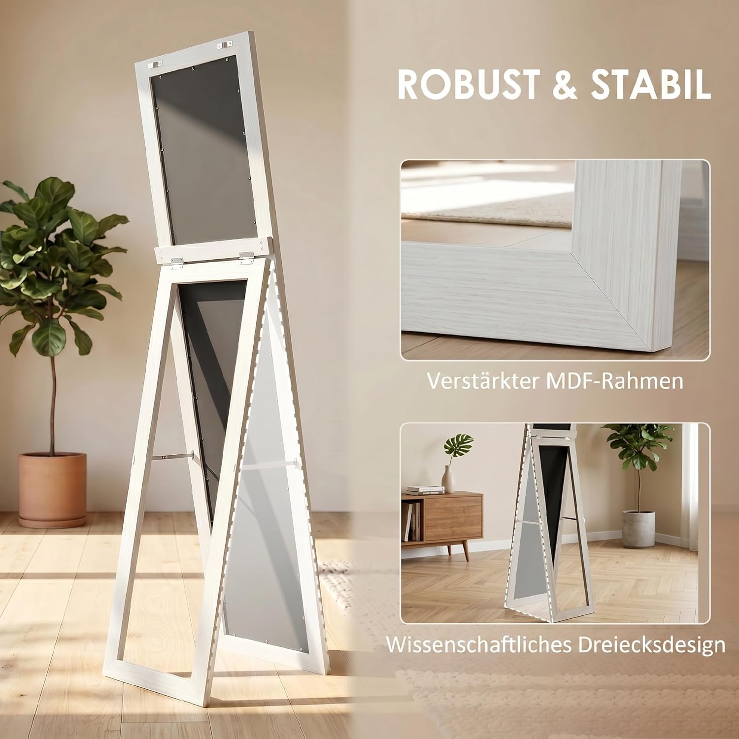 HOMCOM Ganzkörperspiegel 157 x 37 cm Rechteckig Standspiegel mit Rahmen mit Holzoptik, Wandspiegel zum Stehen, Anlehnen, Groß Spiegel für Flur, Wohnzimmer, Schlafzimmer, Weiß — Ansicht 6