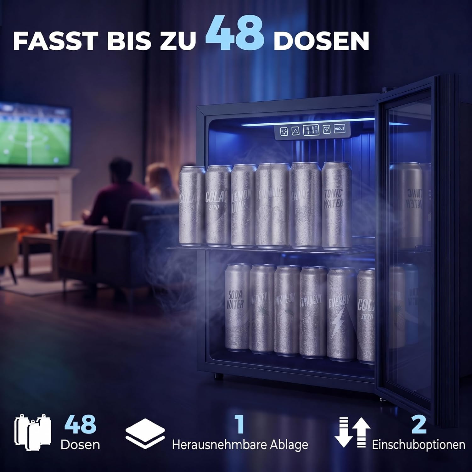 HOMCOM Getränkekühlschrank 50L Mini Kühlschrank mit UV-beständig Doppelglas-Tür, Verstellbaren Regalen, Bierkühlschrank mit LED-Beleuchtung& -Display, Temperaturregelung für Büro, Zuhause, Bar — Ansicht 3