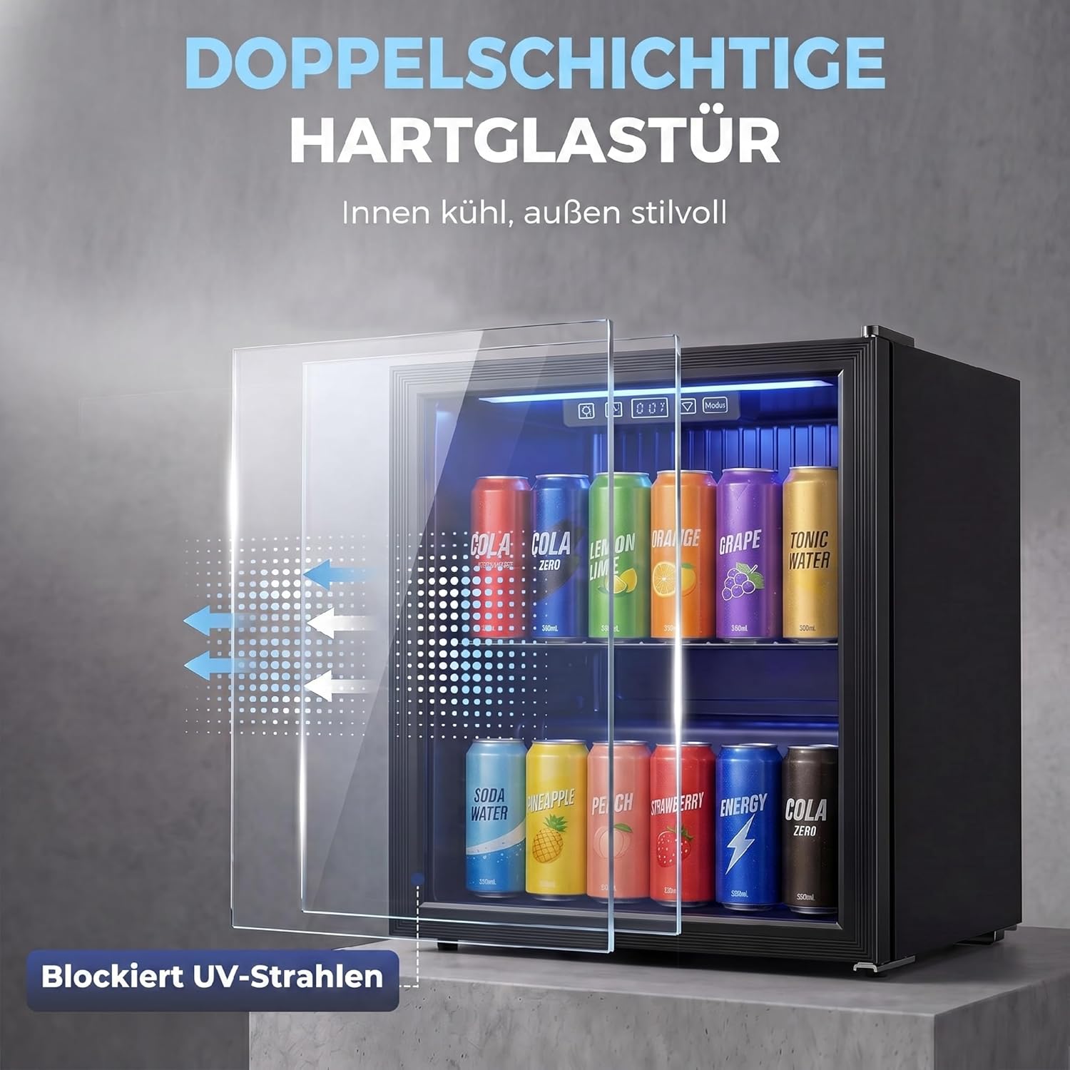 HOMCOM Getränkekühlschrank 50L Mini Kühlschrank mit UV-beständig Doppelglas-Tür, Verstellbaren Regalen, Bierkühlschrank mit LED-Beleuchtung& -Display, Temperaturregelung für Büro, Zuhause, Bar — Ansicht 5