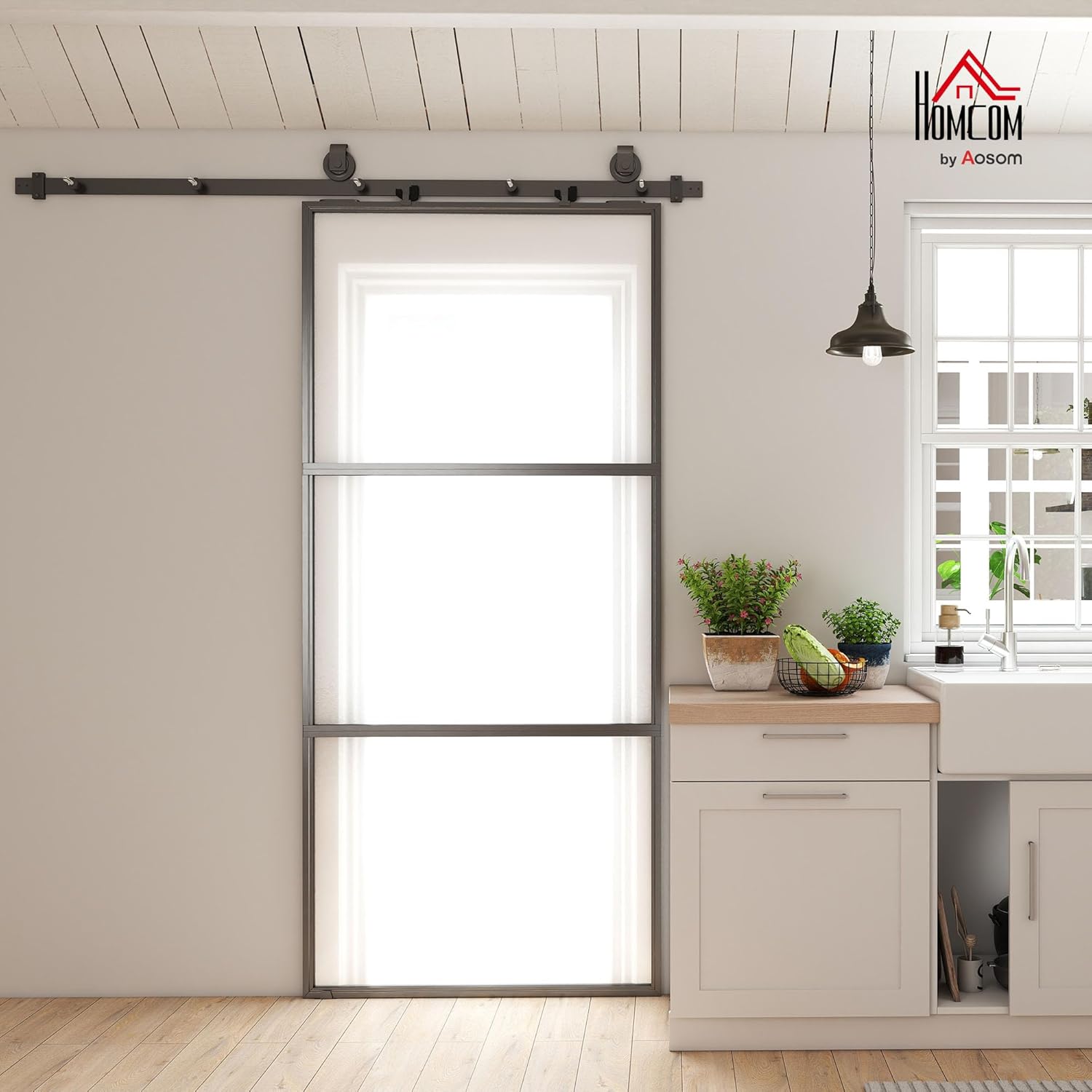 HOMCOM Glasschiebetür Komplettset mit Softclose Zimmertür 91x203 cm Wandmontage Schiebetür Schiebetürsystem mit Laufschiene Innentüren Komplett-Set für Schiebetüren Trennwände Schwarz — Ansicht 2
