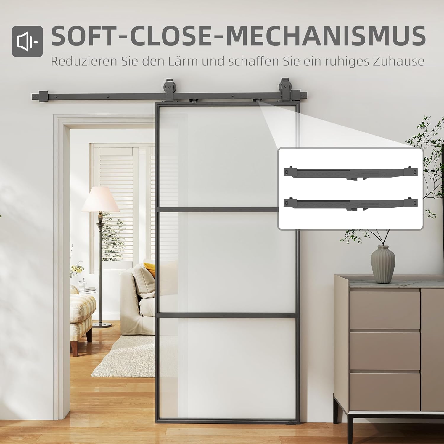 HOMCOM Glasschiebetür Komplettset mit Softclose Zimmertür 91x203 cm Wandmontage Schiebetür Schiebetürsystem mit Laufschiene Innentüren Komplett-Set für Schiebetüren Trennwände Schwarz — Ansicht 3
