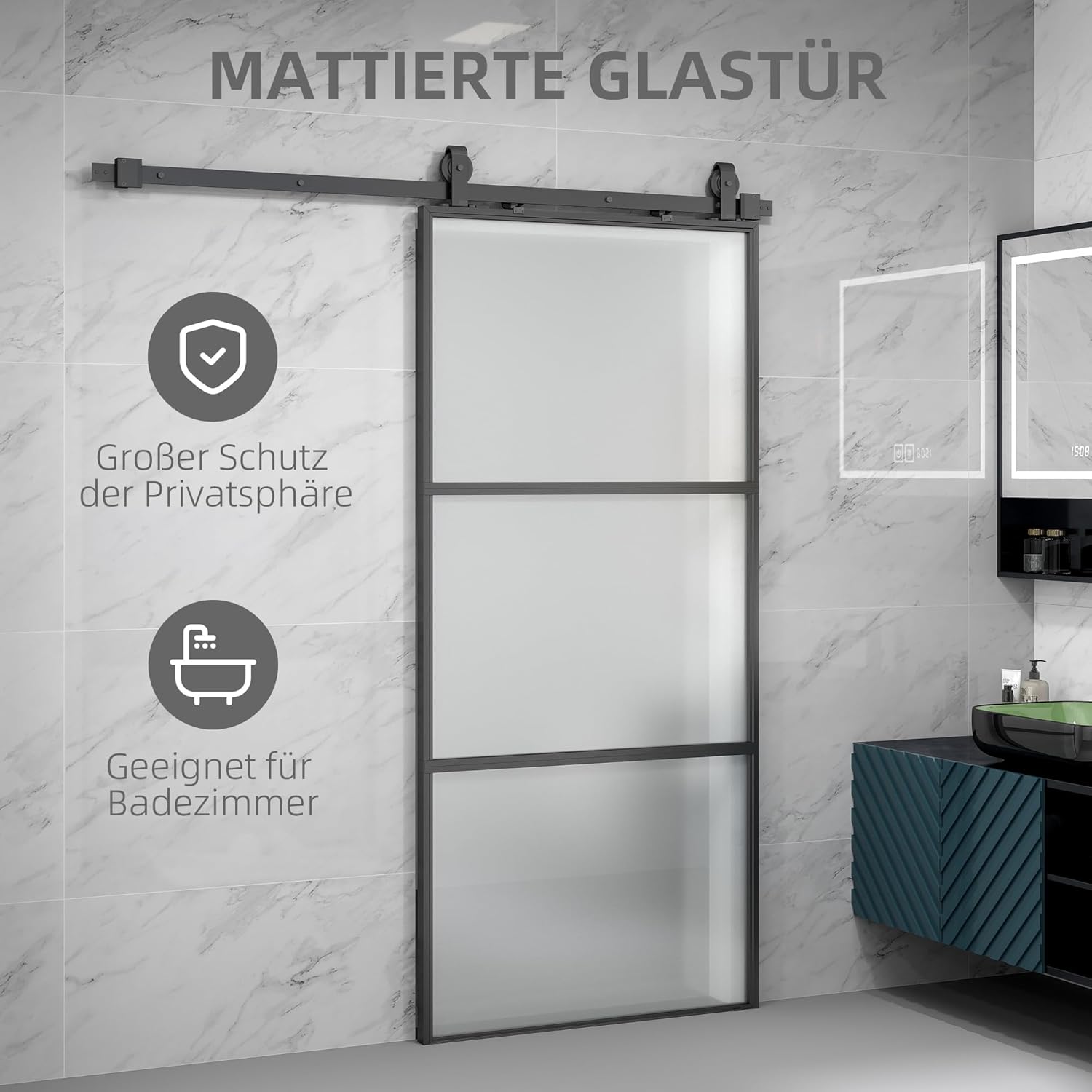 HOMCOM Glasschiebetür Komplettset mit Softclose Zimmertür 91x203 cm Wandmontage Schiebetür Schiebetürsystem mit Laufschiene Innentüren Komplett-Set für Schiebetüren Trennwände Schwarz — Ansicht 4
