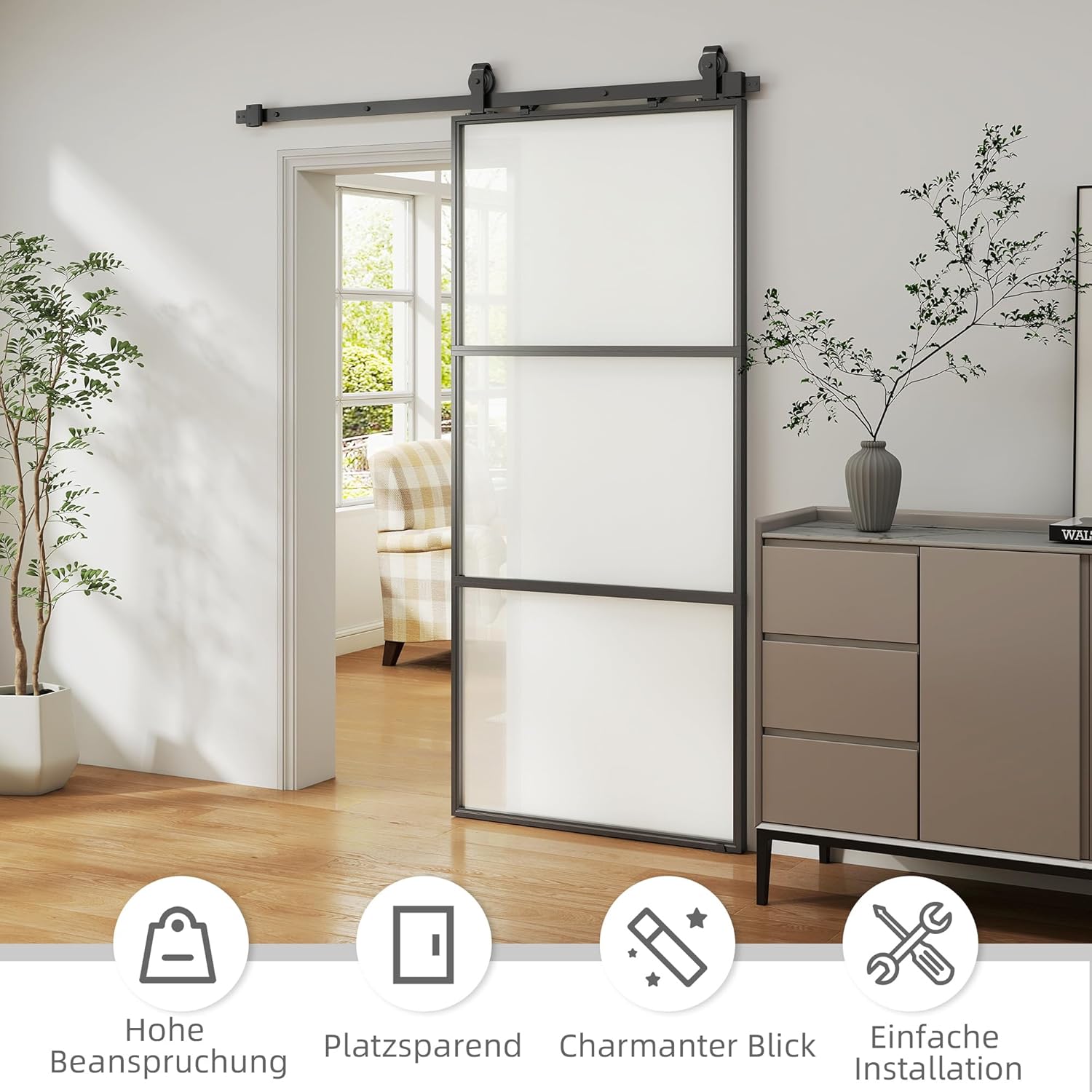 HOMCOM Glasschiebetür Komplettset mit Softclose Zimmertür 91x203 cm Wandmontage Schiebetür Schiebetürsystem mit Laufschiene Innentüren Komplett-Set für Schiebetüren Trennwände Schwarz — Ansicht 5