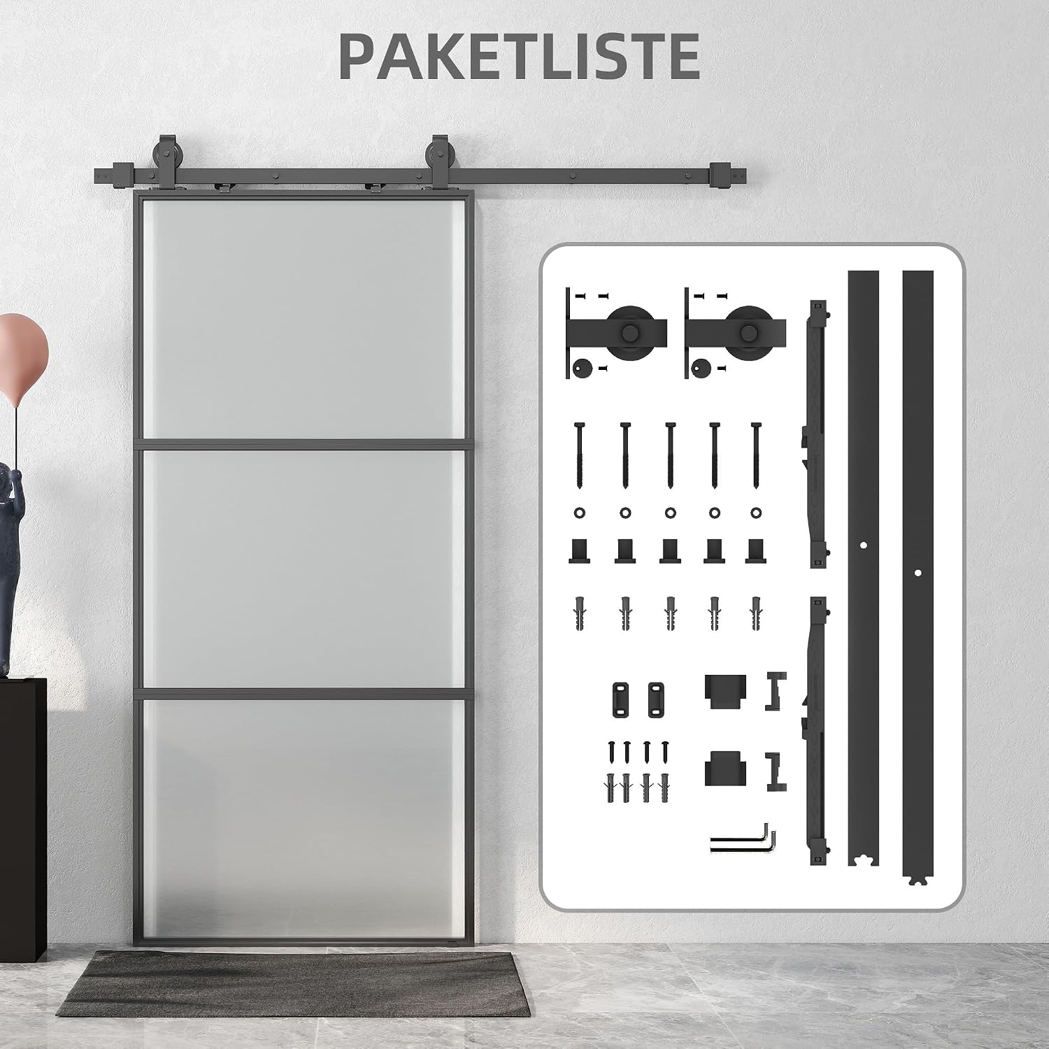 HOMCOM Glasschiebetür Komplettset mit Softclose Zimmertür 91x203 cm Wandmontage Schiebetür Schiebetürsystem mit Laufschiene Innentüren Komplett-Set für Schiebetüren Trennwände Schwarz — Ansicht 6