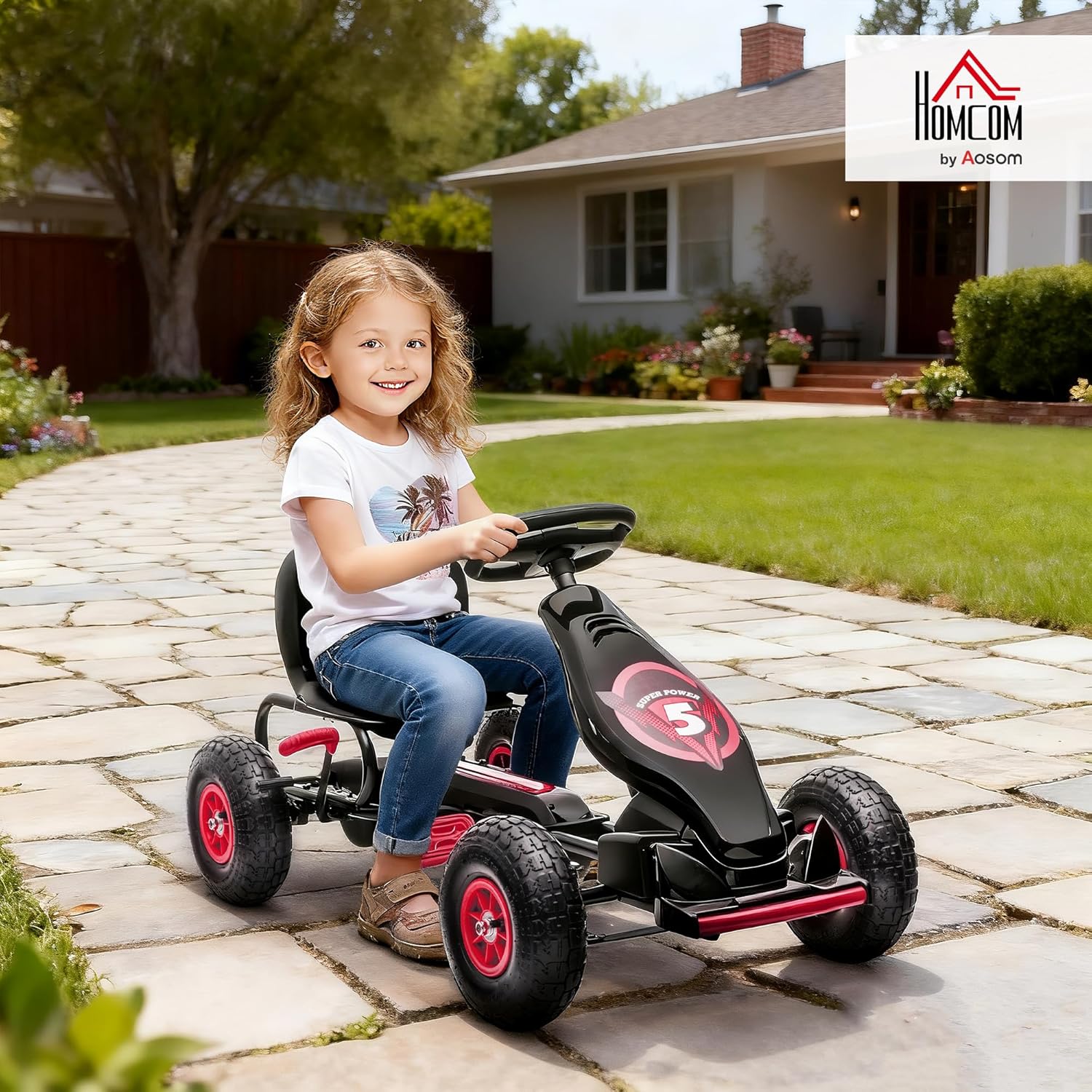 HOMCOM Gokart, Kinderfahrzeug mit 3-stufigen verstellbarem Sitz, Tretfahrzeug mit Gummireifen, Pedal und Handbremse, Kettcar für 5-12 Jahre Kinder bis 50 kg, Outdoor, Rot — Ansicht 2